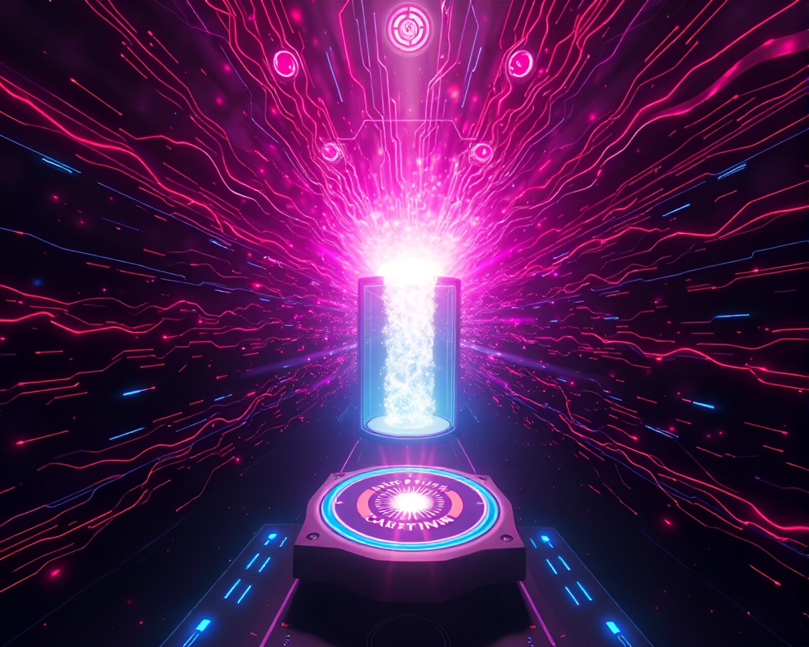Technical illustration of glowing sorcery-infused teleportation machine.