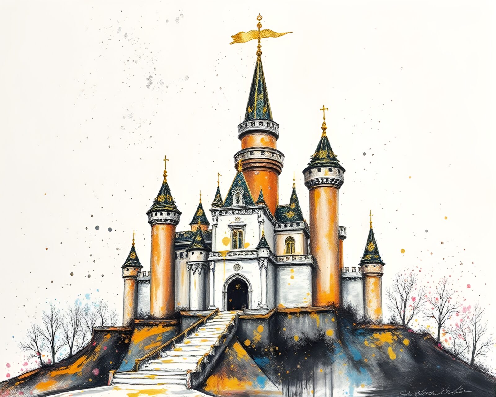 Conté crayon drawing of a majestic castle with gold highlights and colorful paint splatters