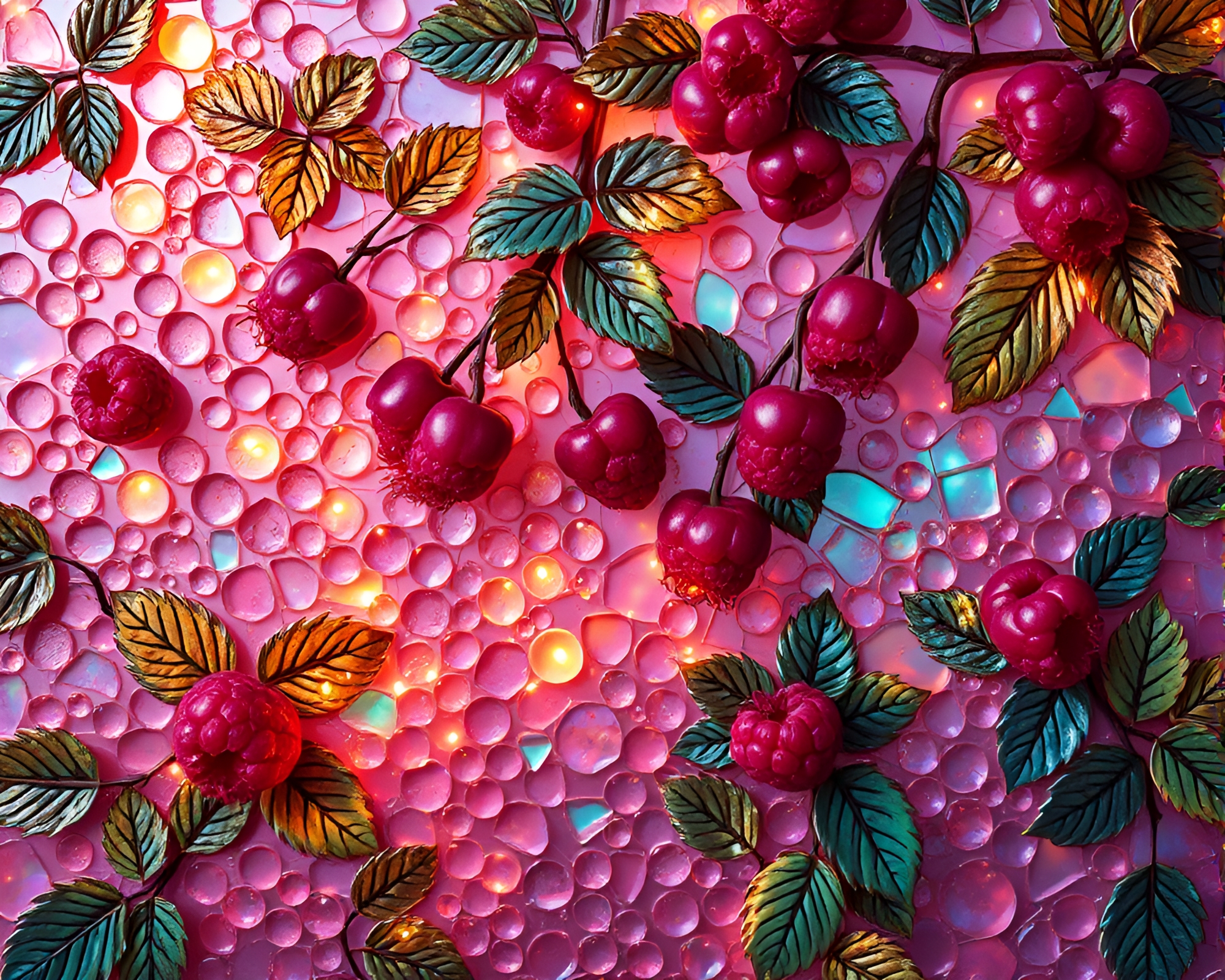 Raspberry Bush in Iridescent Soap Film Mosaic Lighting – free AI stock image