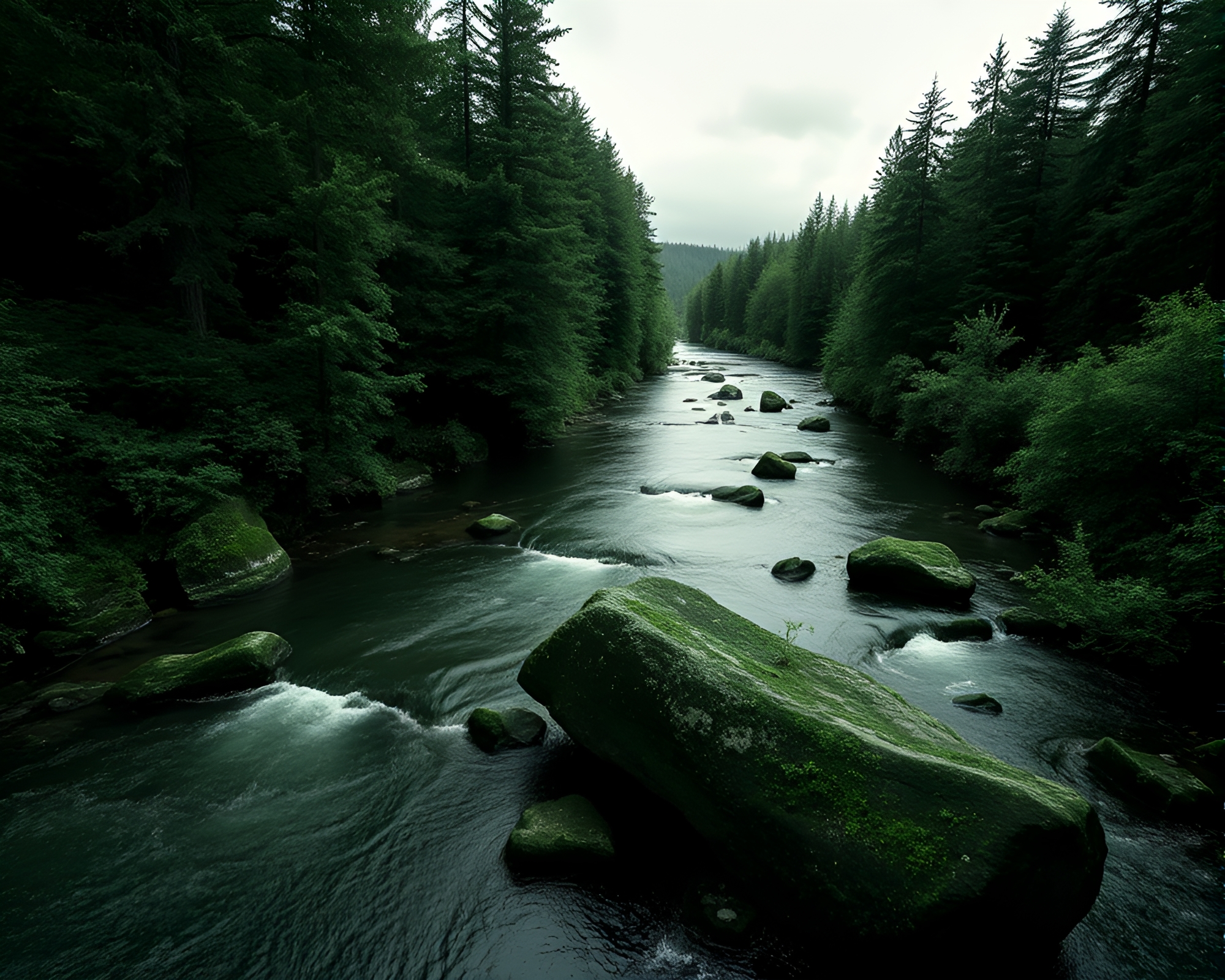 Enchanted Savage River in Monochrome Green Trompe-l’oeil – free AI stock image
