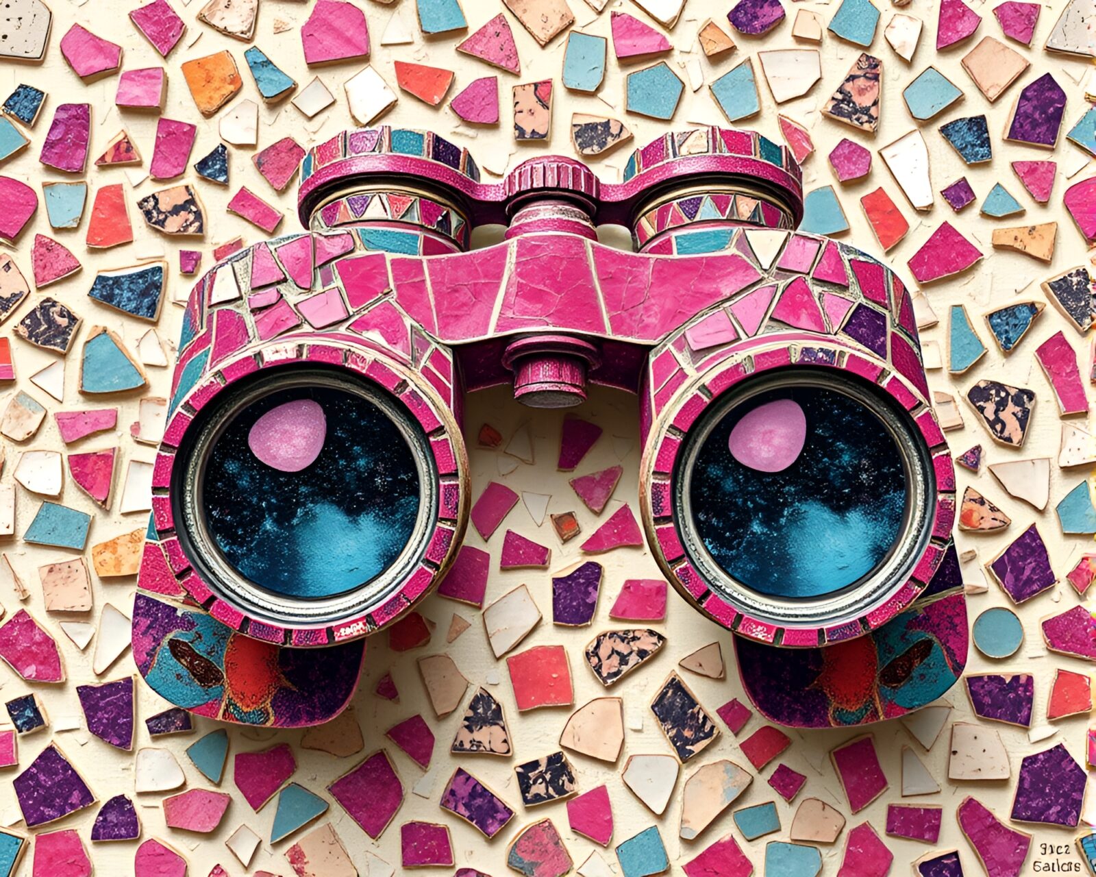 Abstract mosaic shards with binoculars in magenta lighting