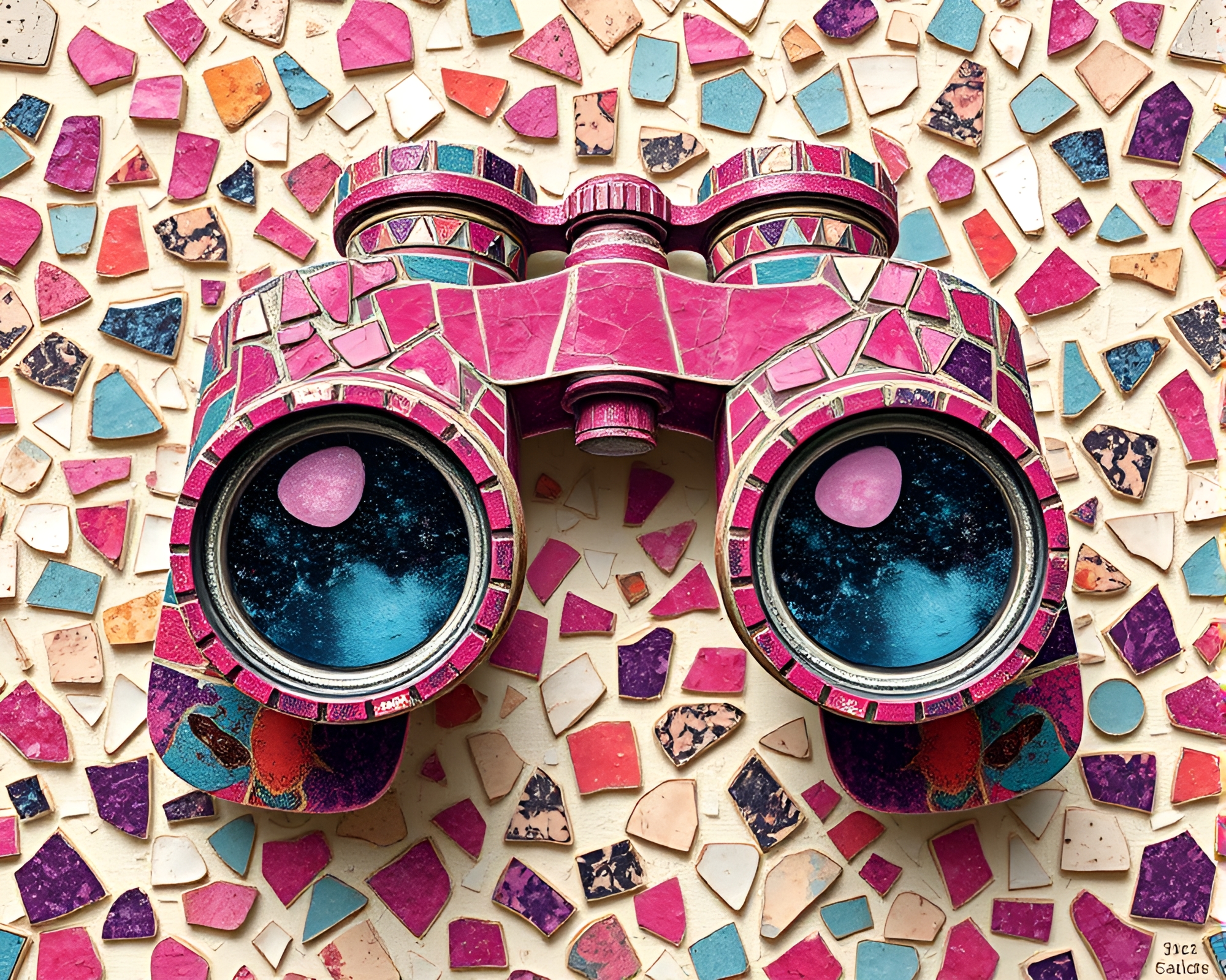 Surreal Binoculars amidst Bio-Organic Mosaic Fragments – free AI stock image