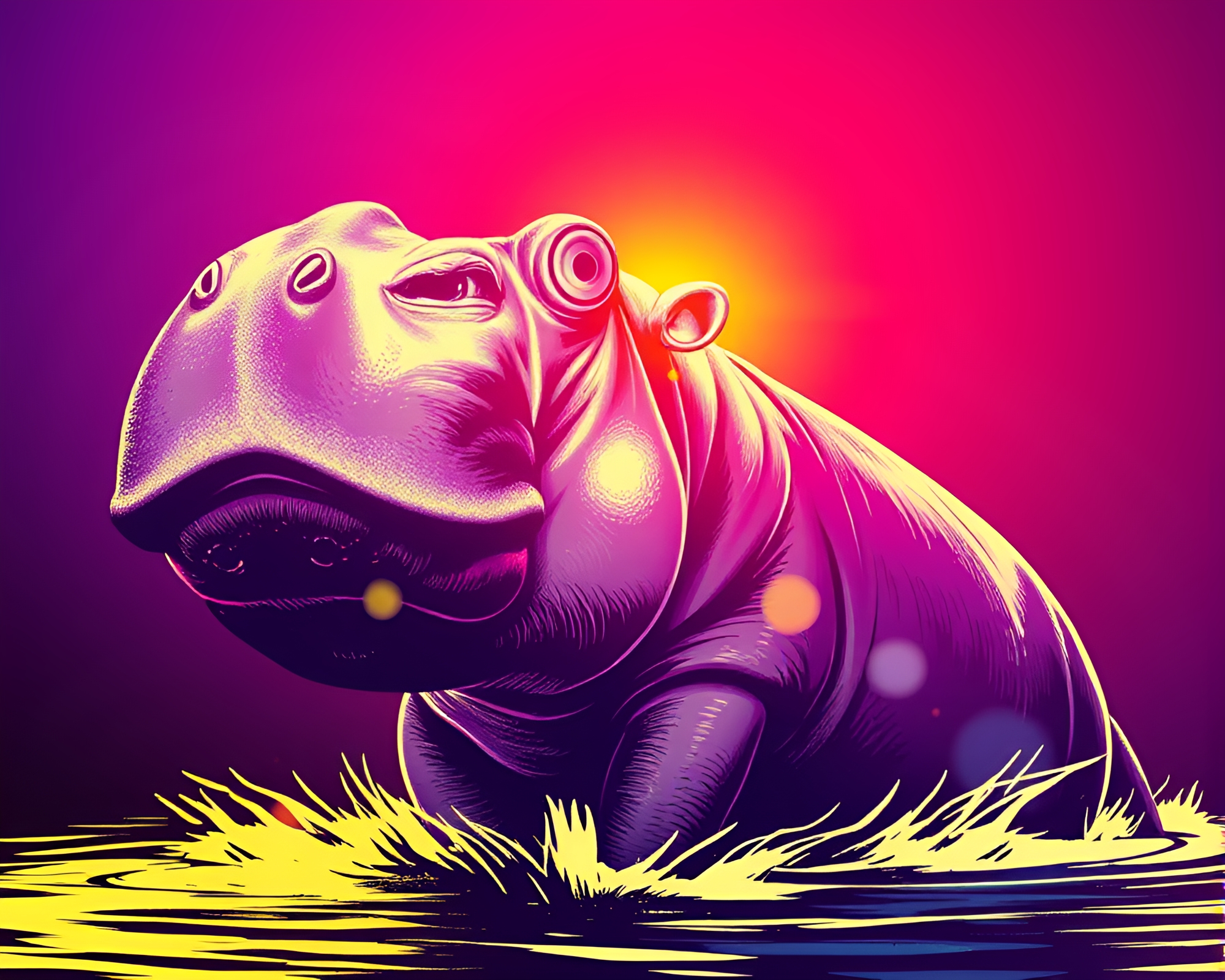 Vector Halftone Hippopotamus in Washed-Out Lens Flare – free AI stock image