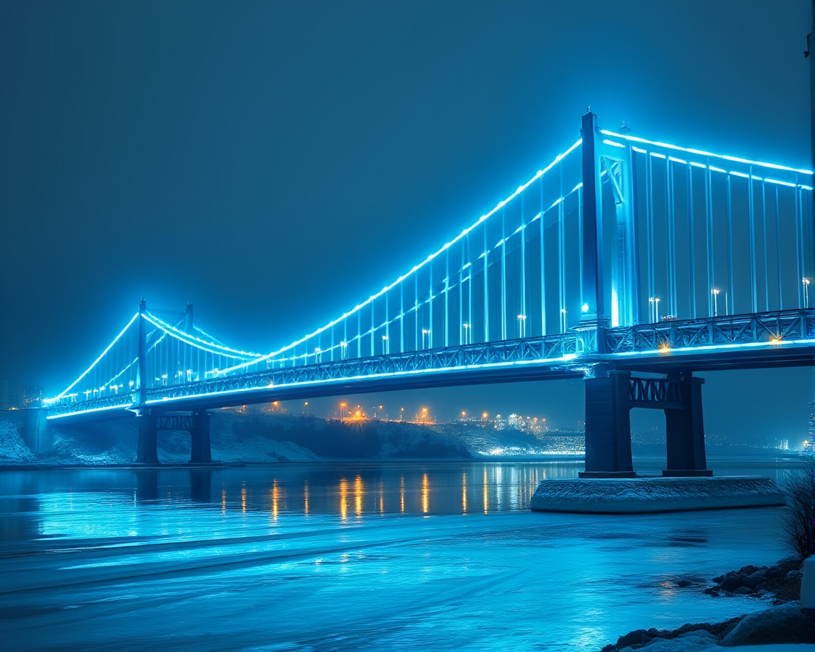 Ethereal suspension bridge at night with neon lights and foil details
