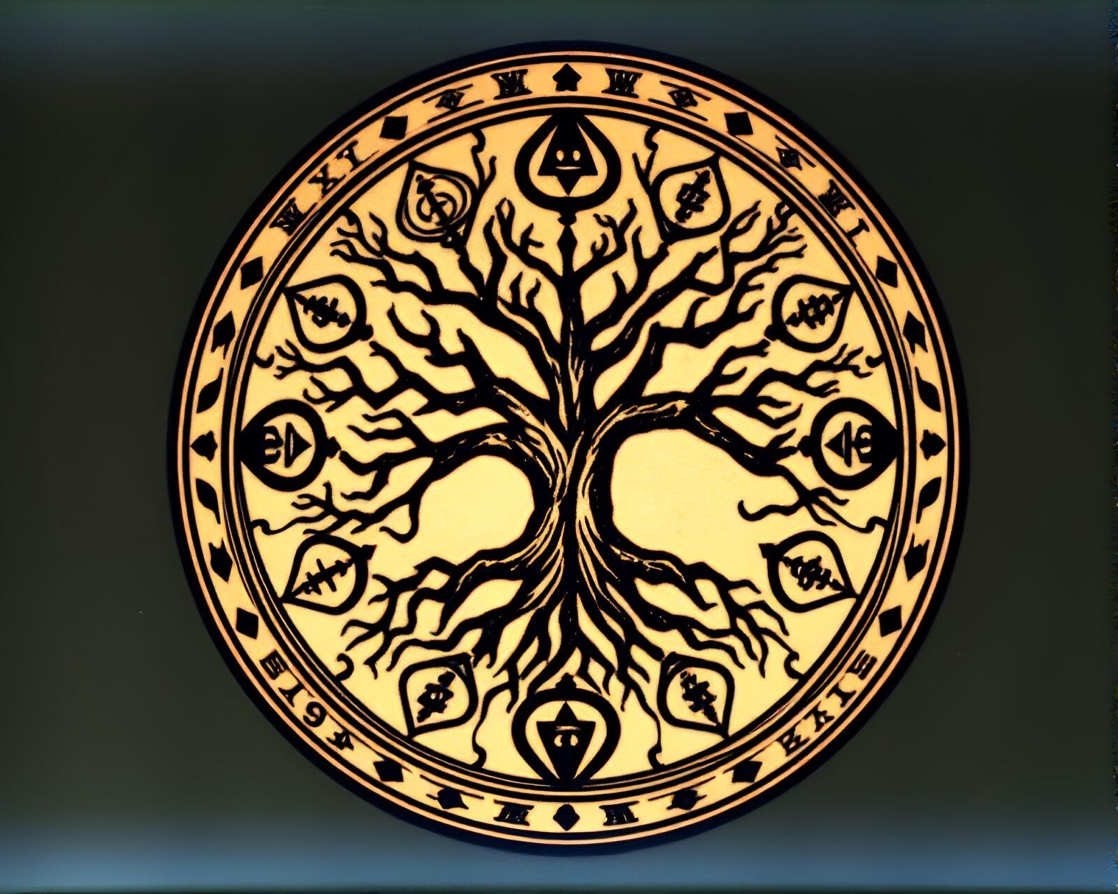 A mystical tattoo design merging with tree ring patterns.