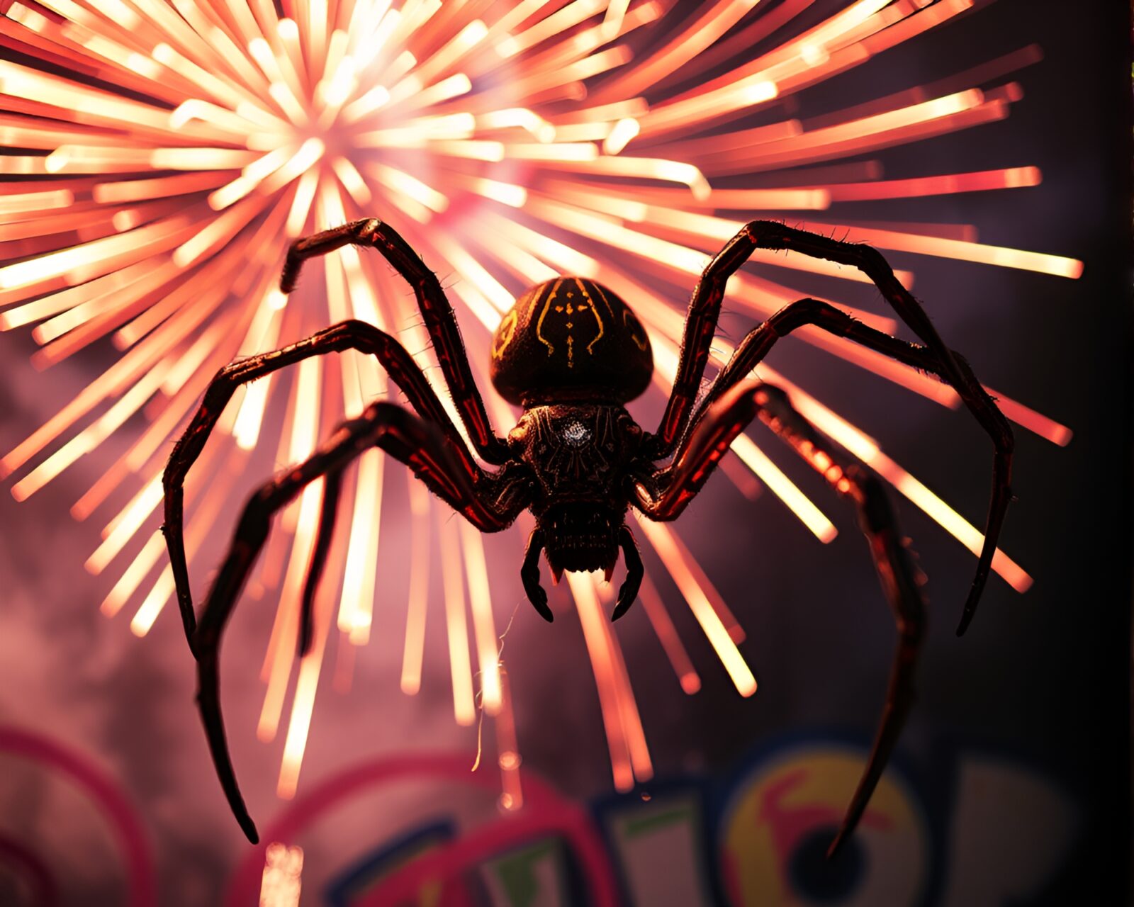 Colorful pastel fireworks framing a shimmering mechanical spider