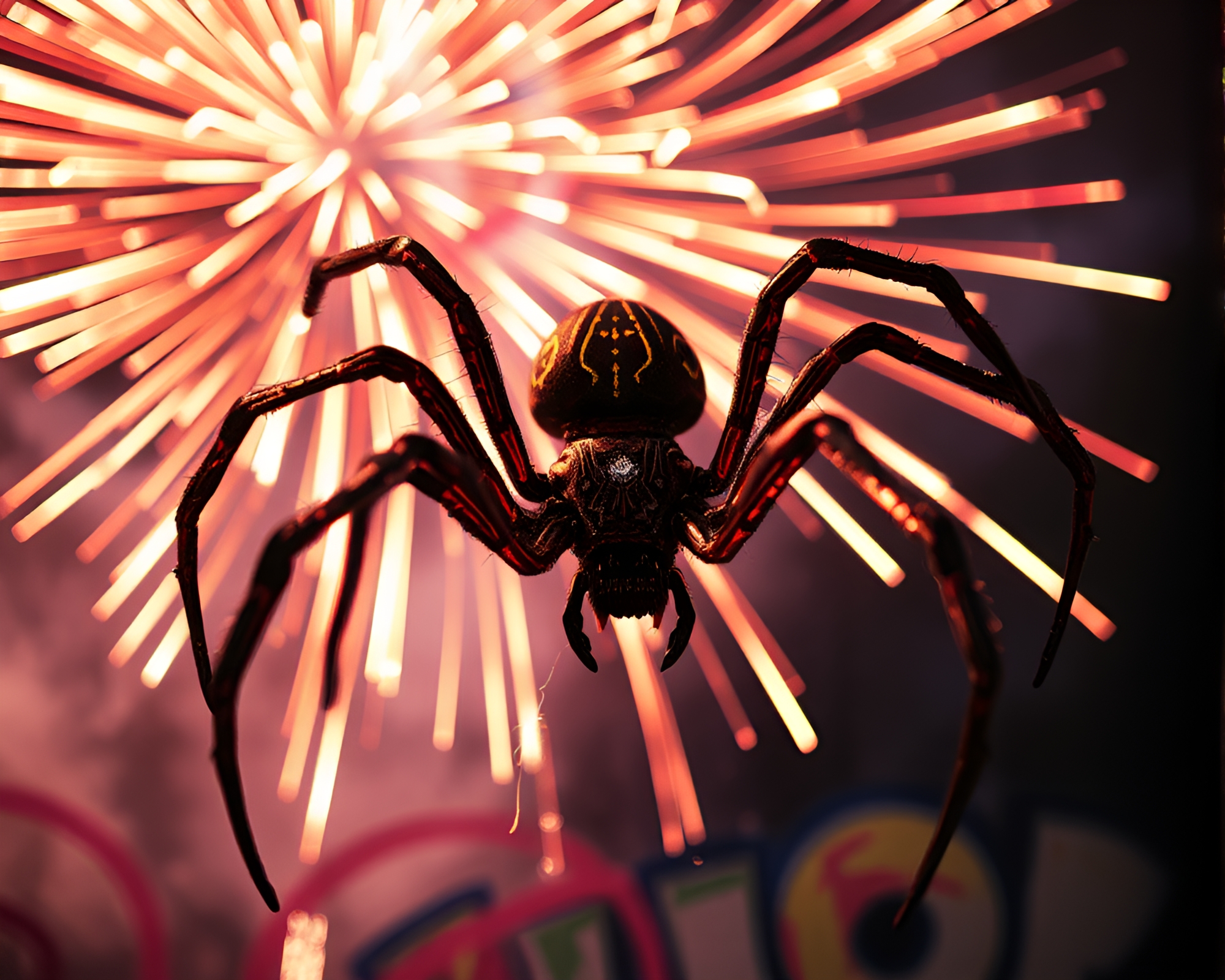 Glowing mechanical spider in pastel fireworks display – free AI stock image