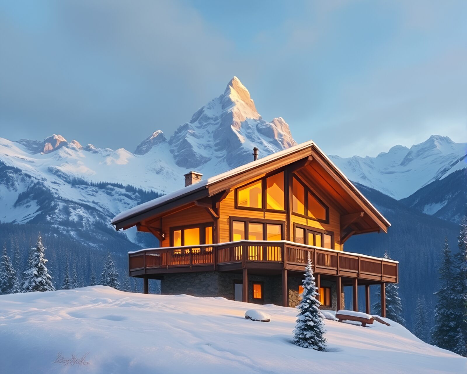 Wide-angle view of an alpine chalet in egg tempera style
