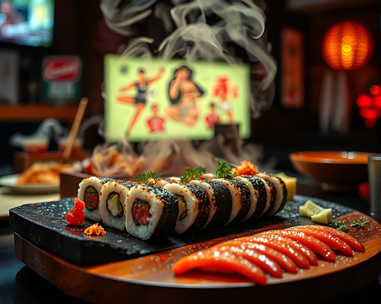 HDR photo of colorful sushi platter with retro scanlines