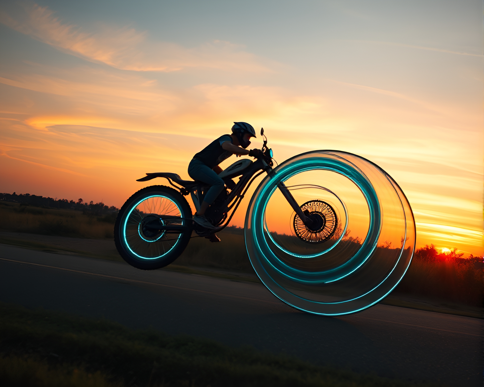 Golden Hour Hoverbike in Fibonacci Spiral Composition – free AI stock image