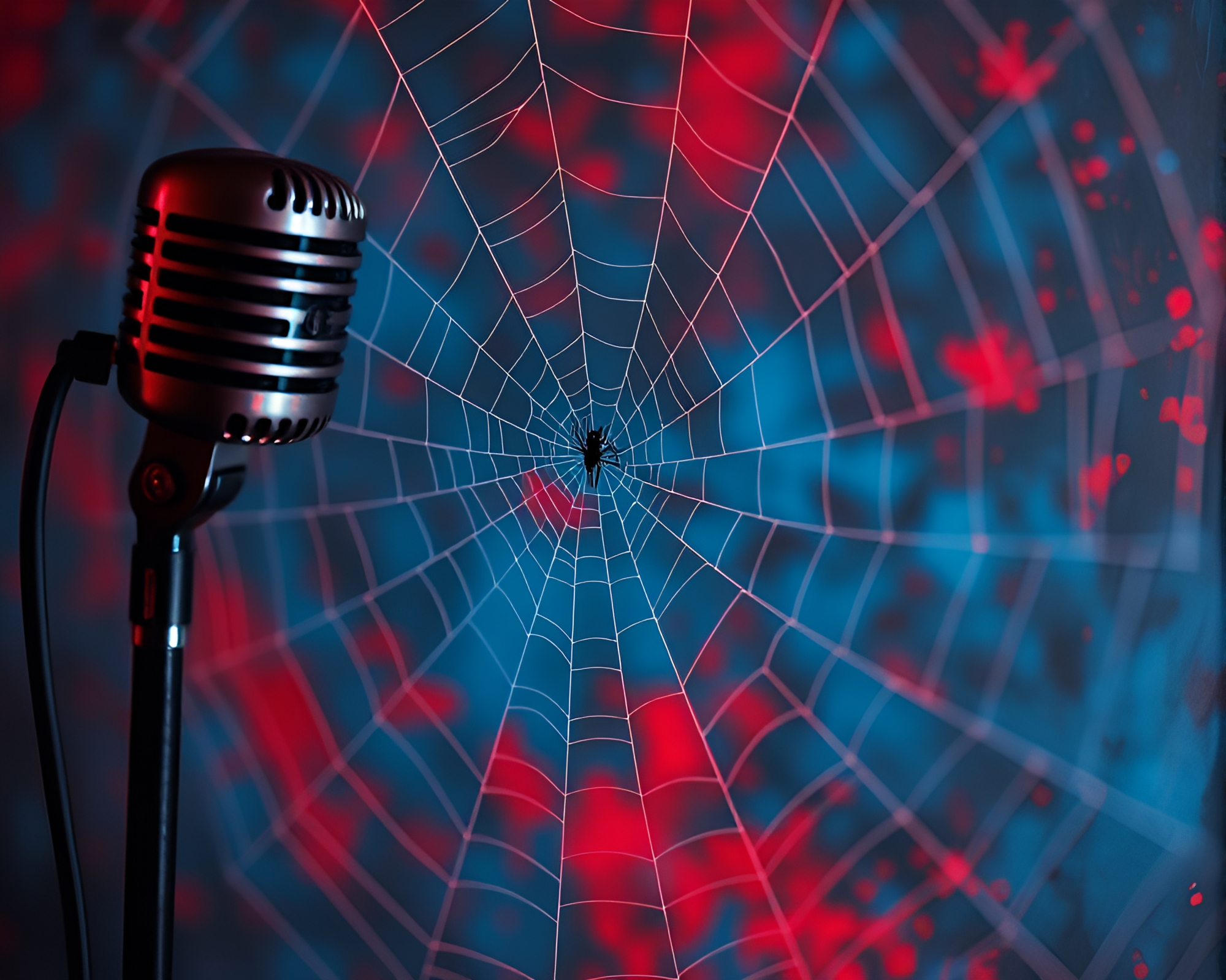 Microphone in red-blue duotone cobweb mural – free AI stock image