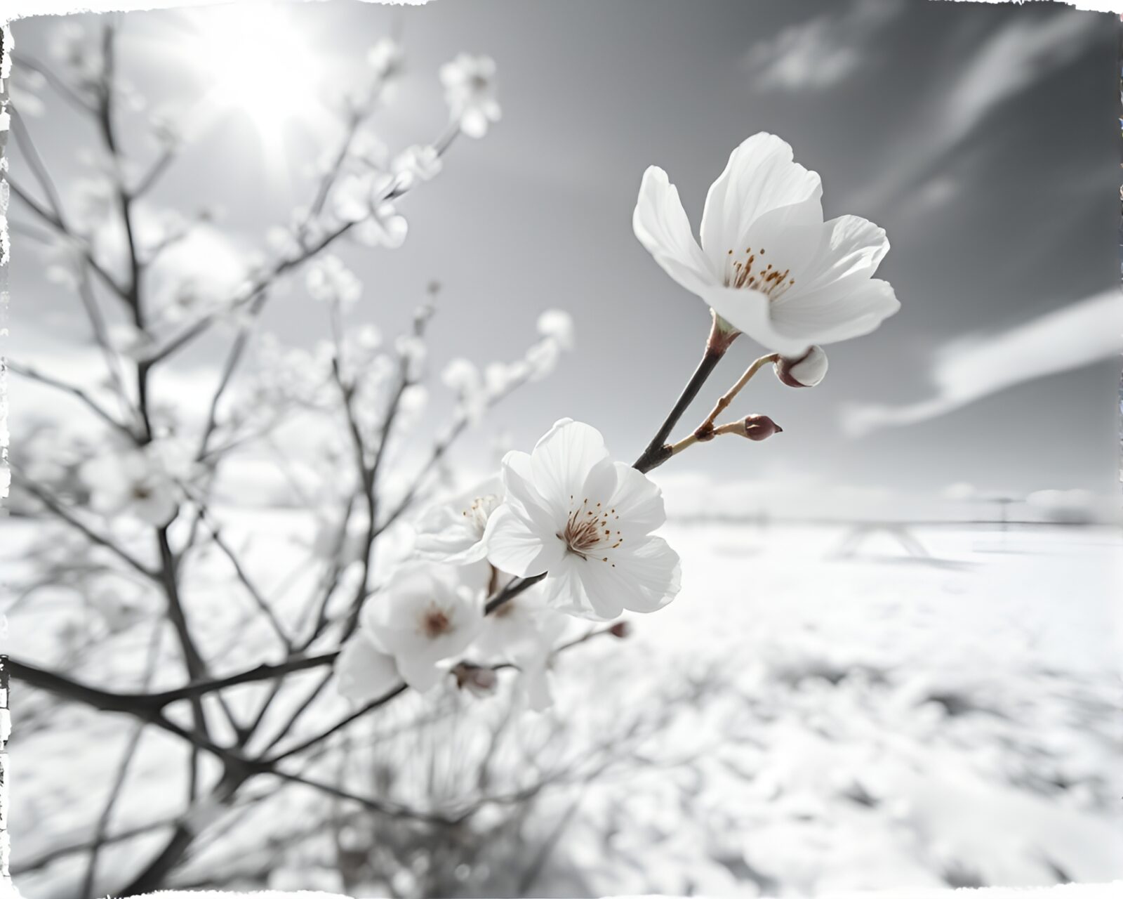 Infrared photo of torn edges surrounding blooming tree in snowstorm.