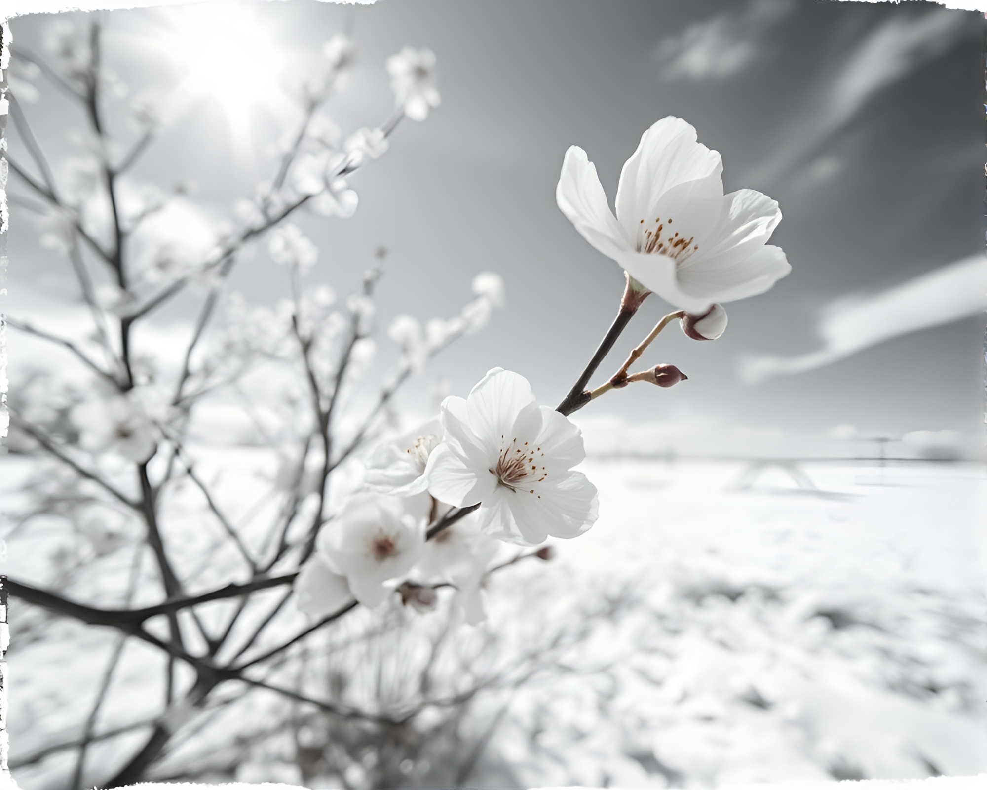 Tranquil Spring Blossom in Antarctic Whiteout – free AI stock image