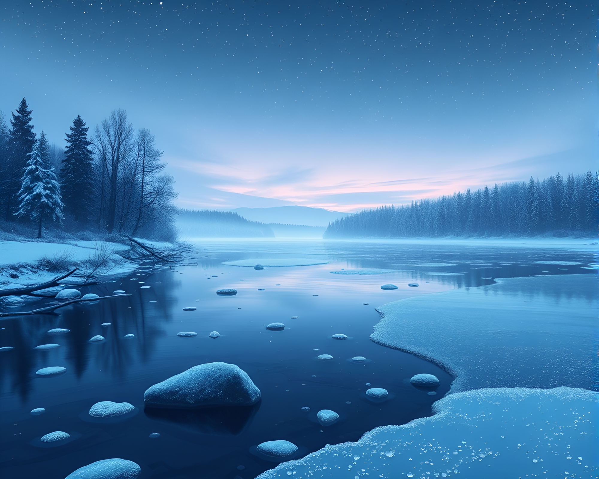 Frozen river under a digital twilight sky – free AI stock image