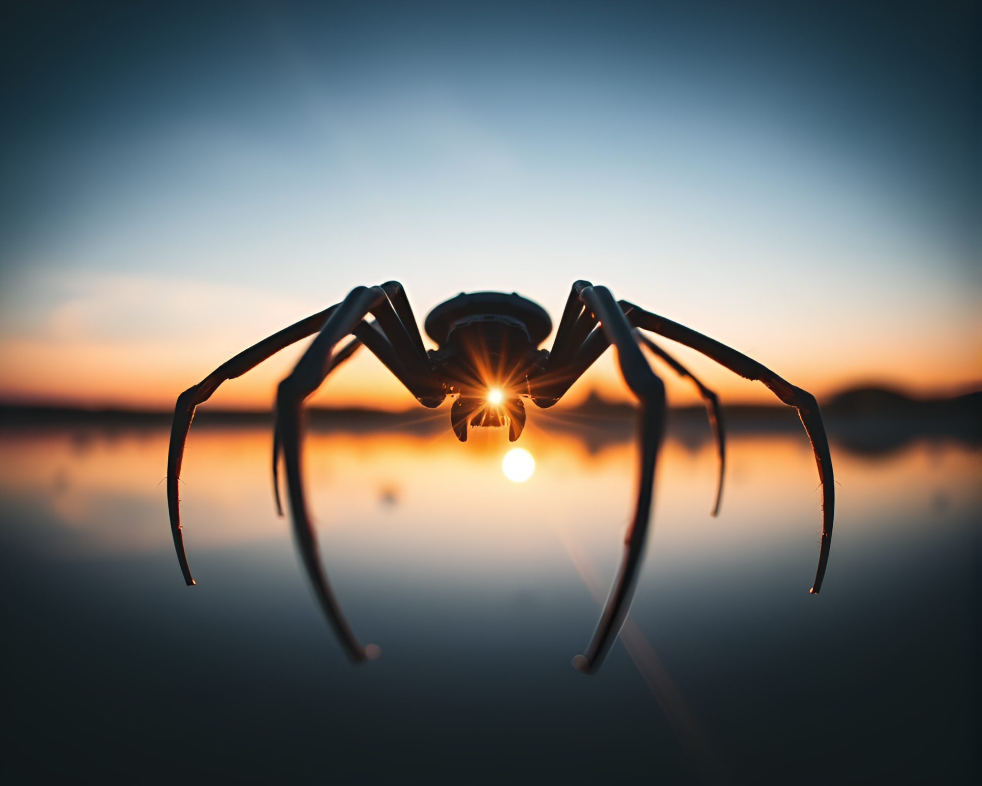 Mechanical Spider Backlit by Dusk Flare – free AI stock image