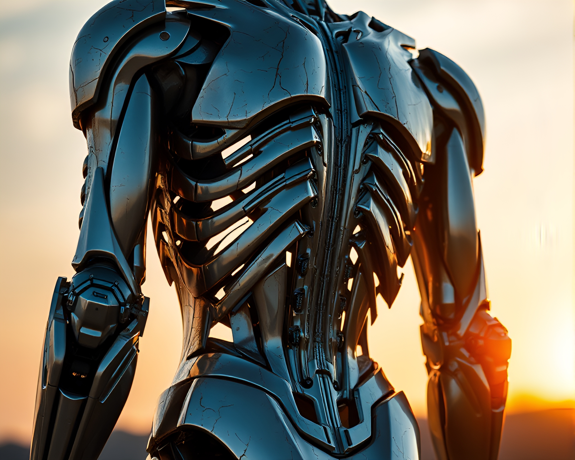 Gleaming Exoskeleton Suit in Warm Afternoon Light – free AI stock image