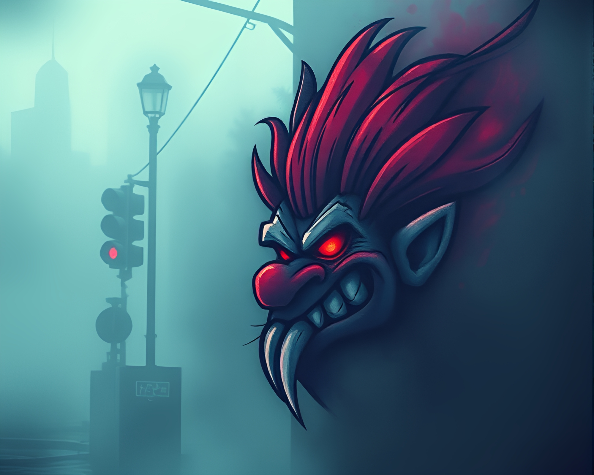 Troll-themed street art in foggy material design – free AI stock image