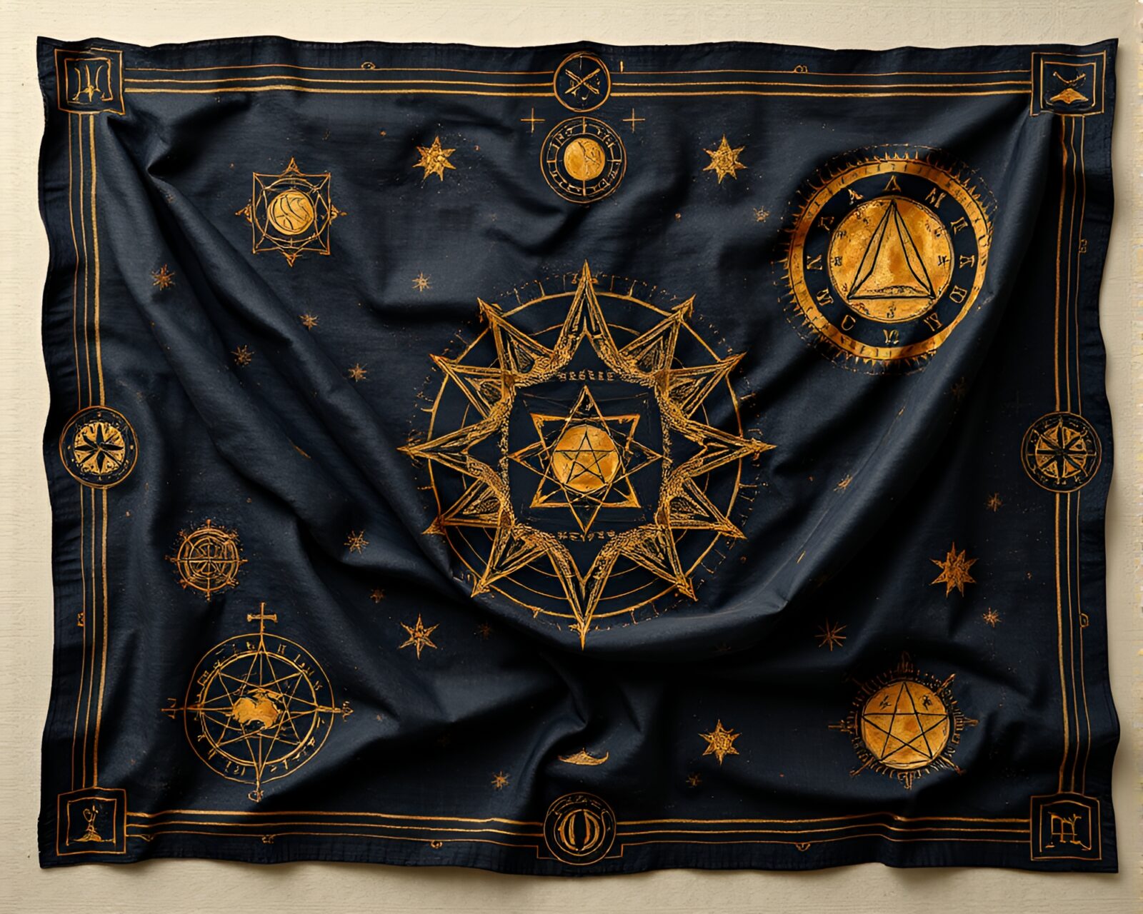 Dark fresco painting with intricate alchemical symbols on fabric