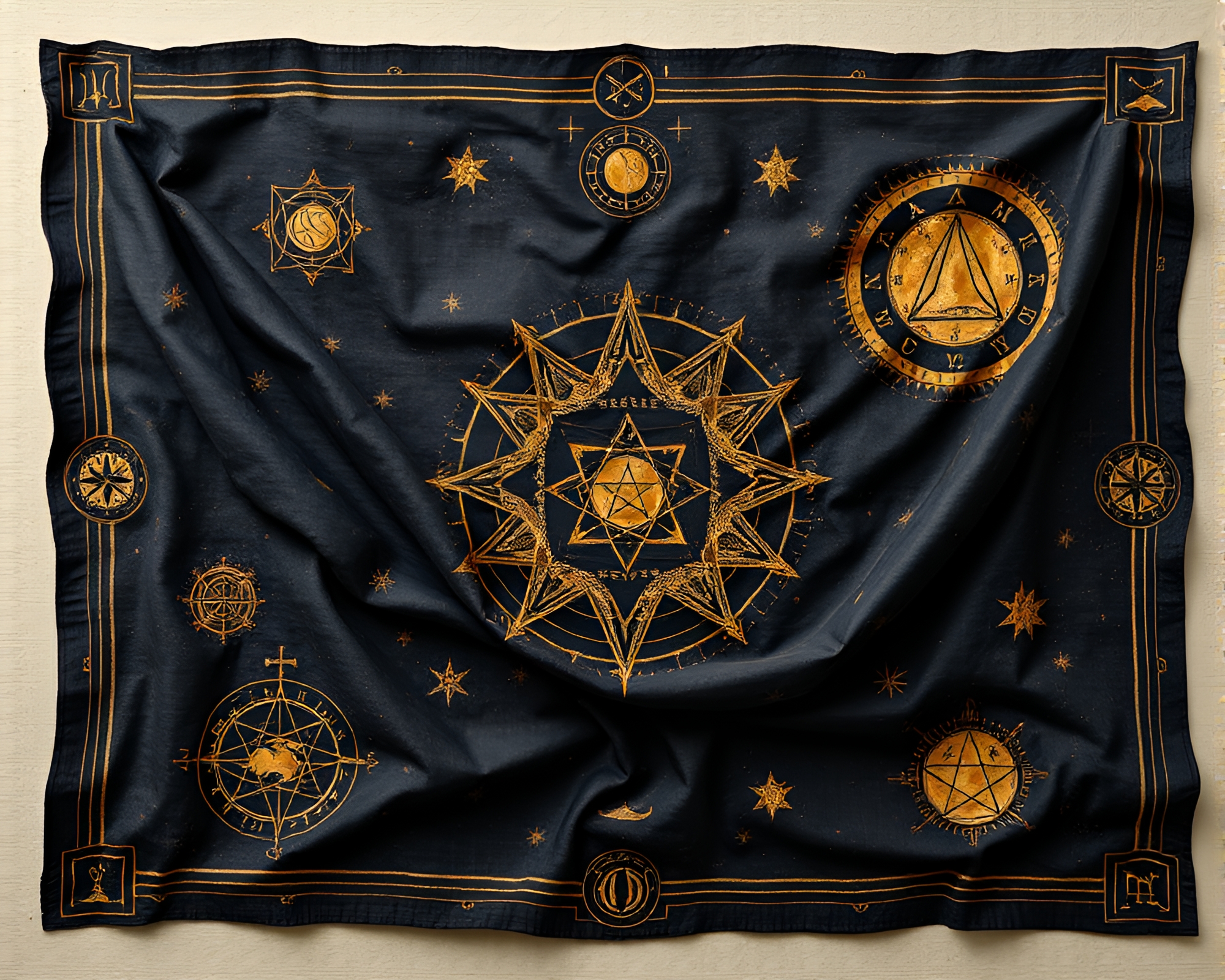 Alchemical Symbols in Noir Fresco Fabric Folds – free AI stock image