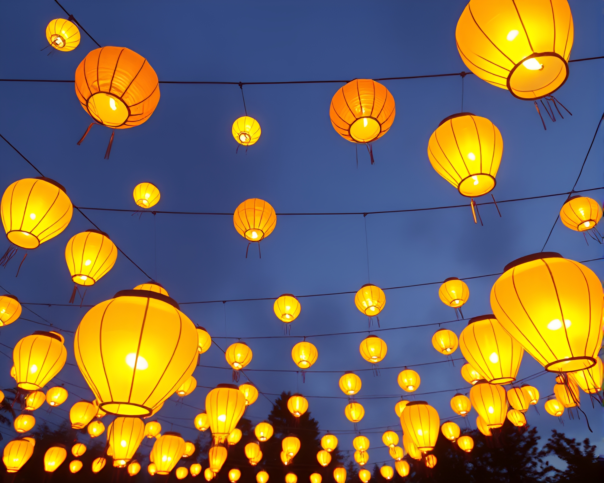 Floating Lanterns in Lemon Yellow Twilight – free AI stock image