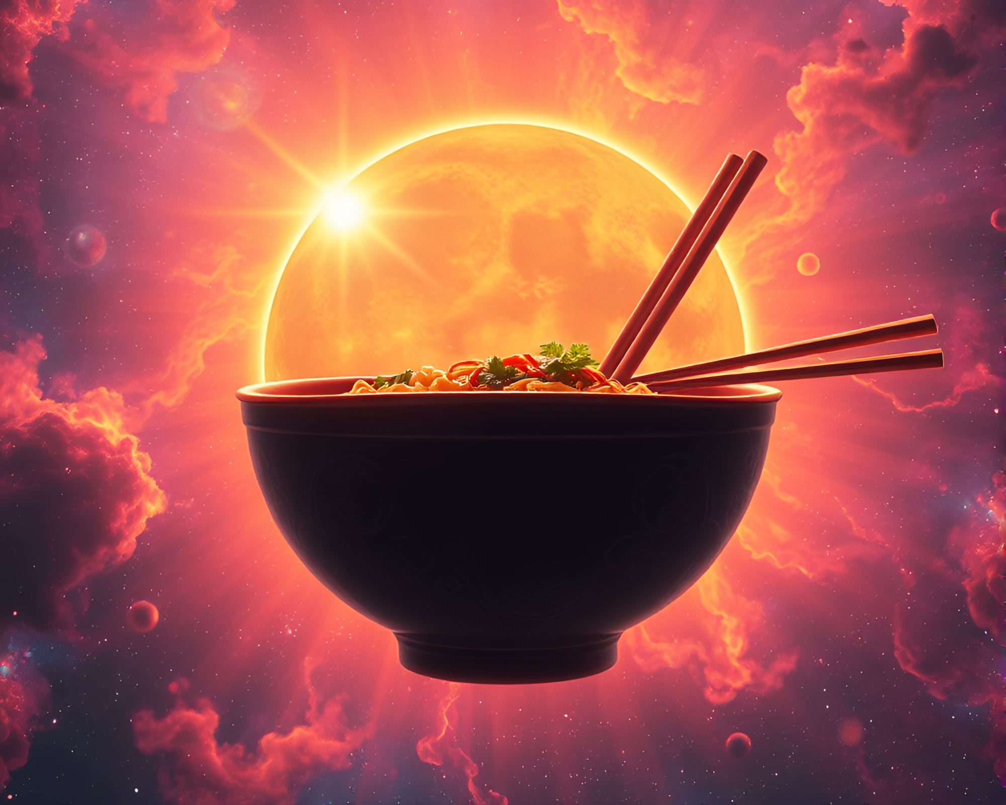 Cosmic Ramen Bowl with Sun Glare Hues – free AI stock image