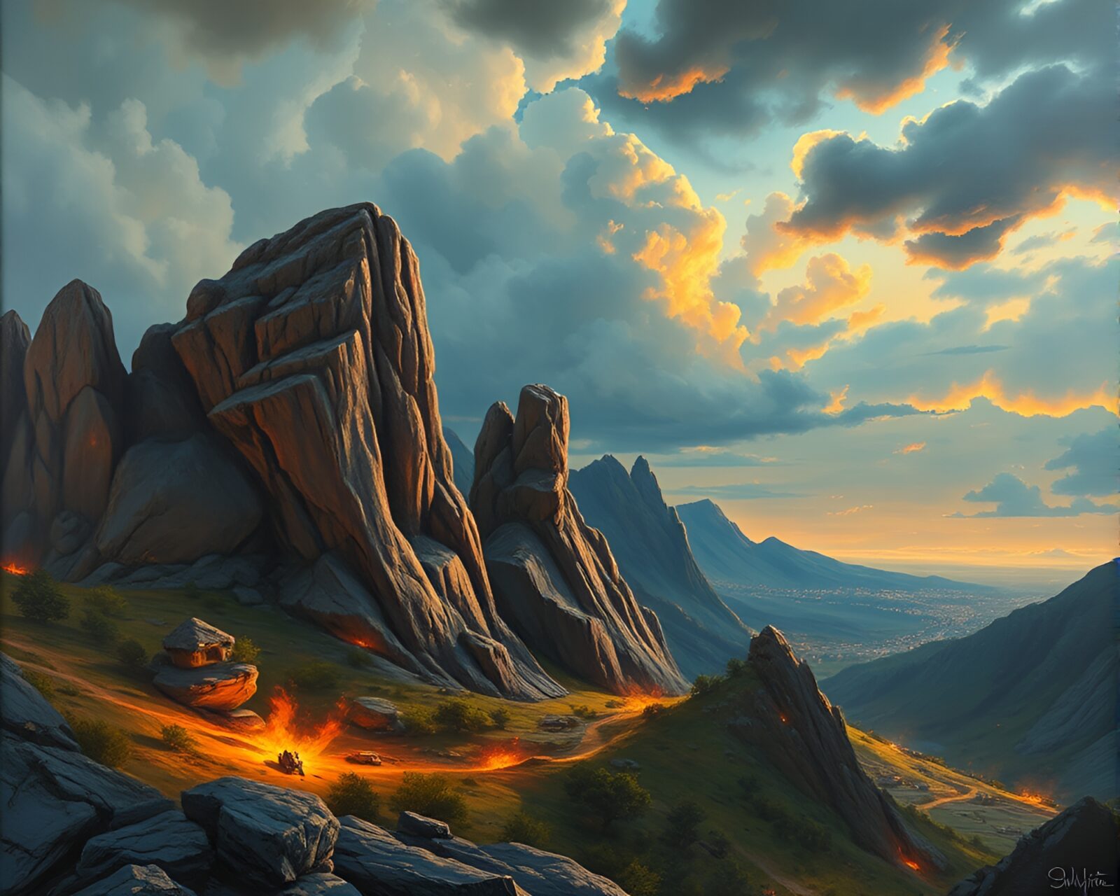 Panoramic view of dynamic golem confrontation with glossy highlights