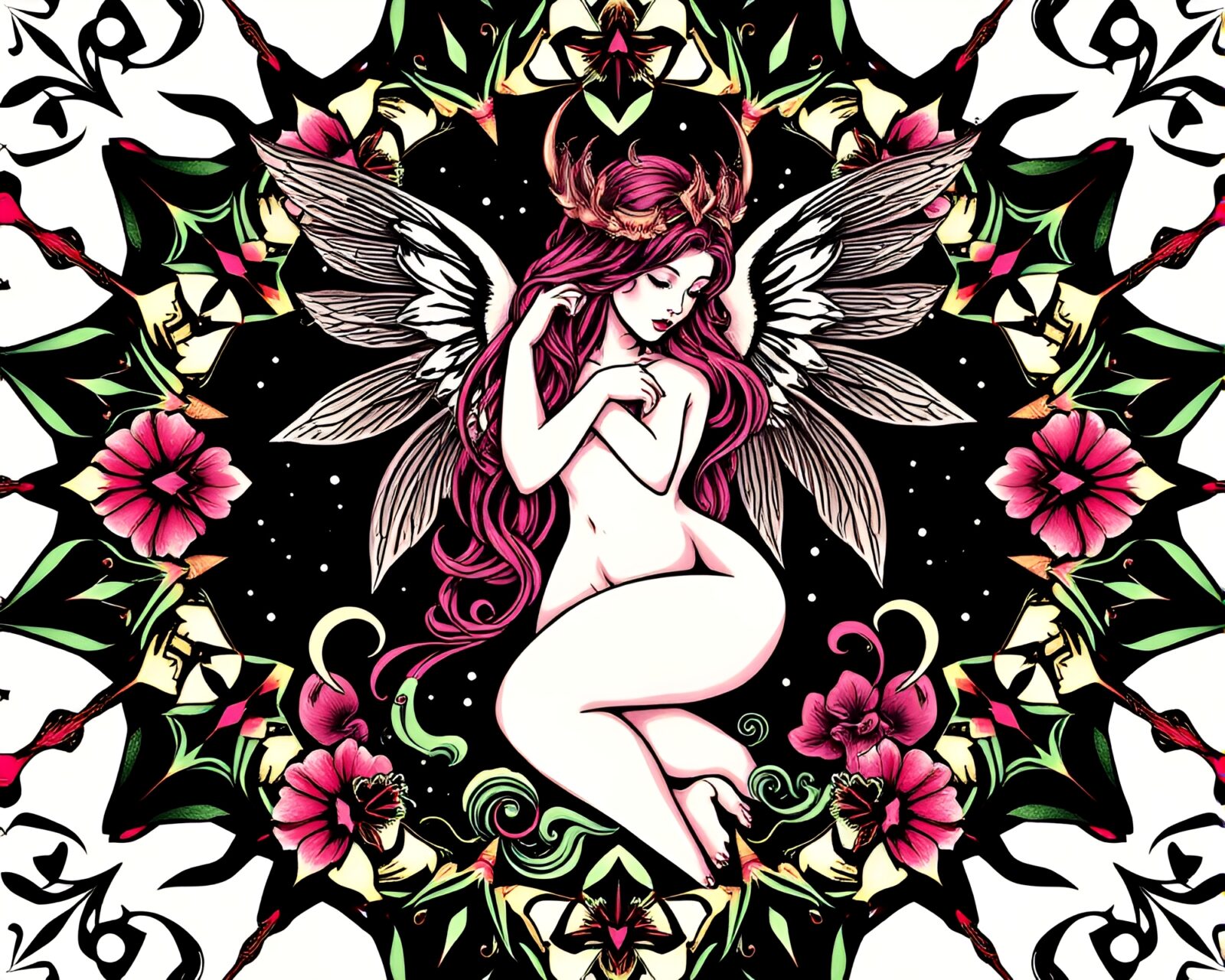 Illustration of a colorful nymph surrounded by kaleidoscope patterns