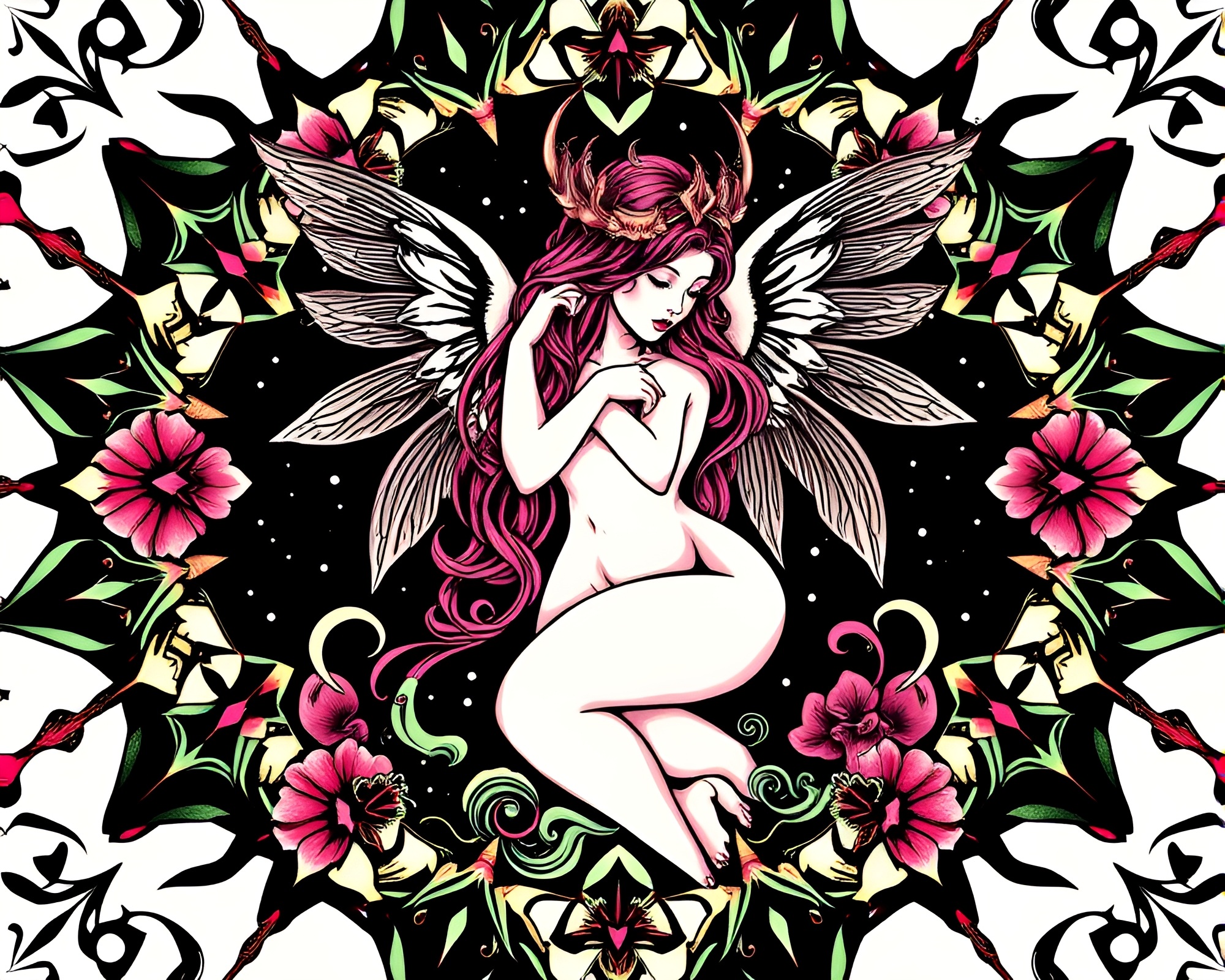 Enchanting Nymph in Tattoo Flash Art Style – free AI stock image