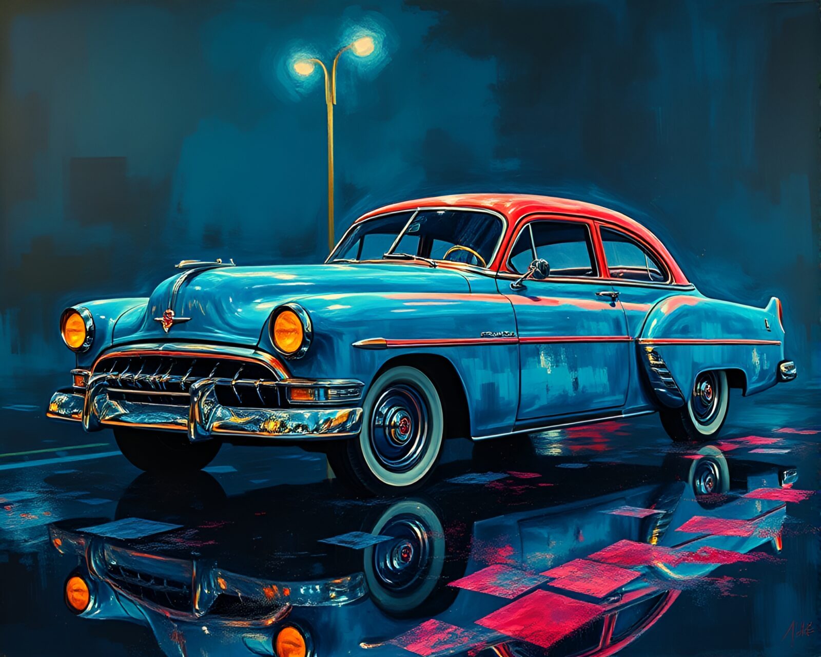 Fresco painting of vintage car glowing in neon lights
