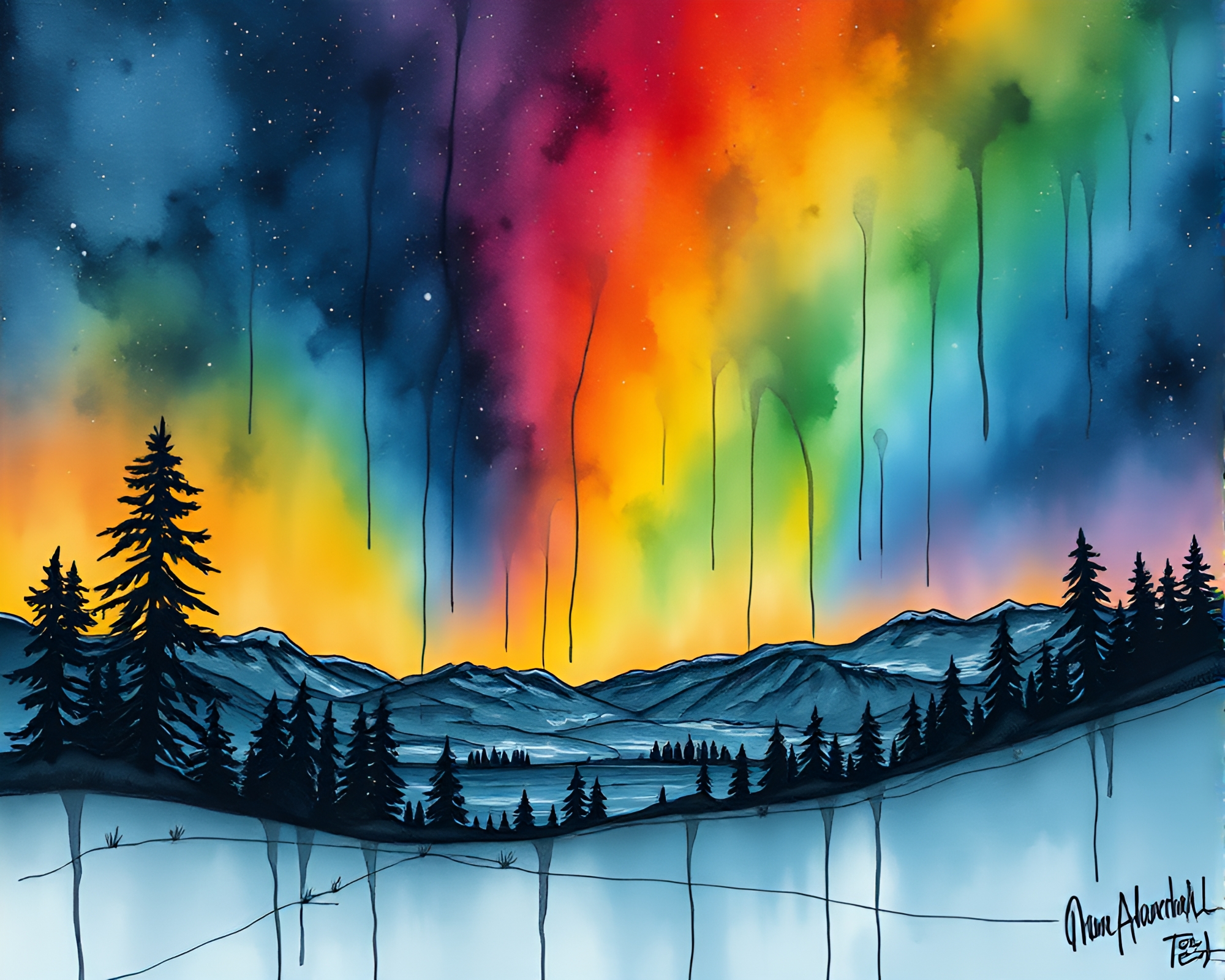 Ink Wash Drips in Northern Tundra Cosmic Rainbow – free AI stock image