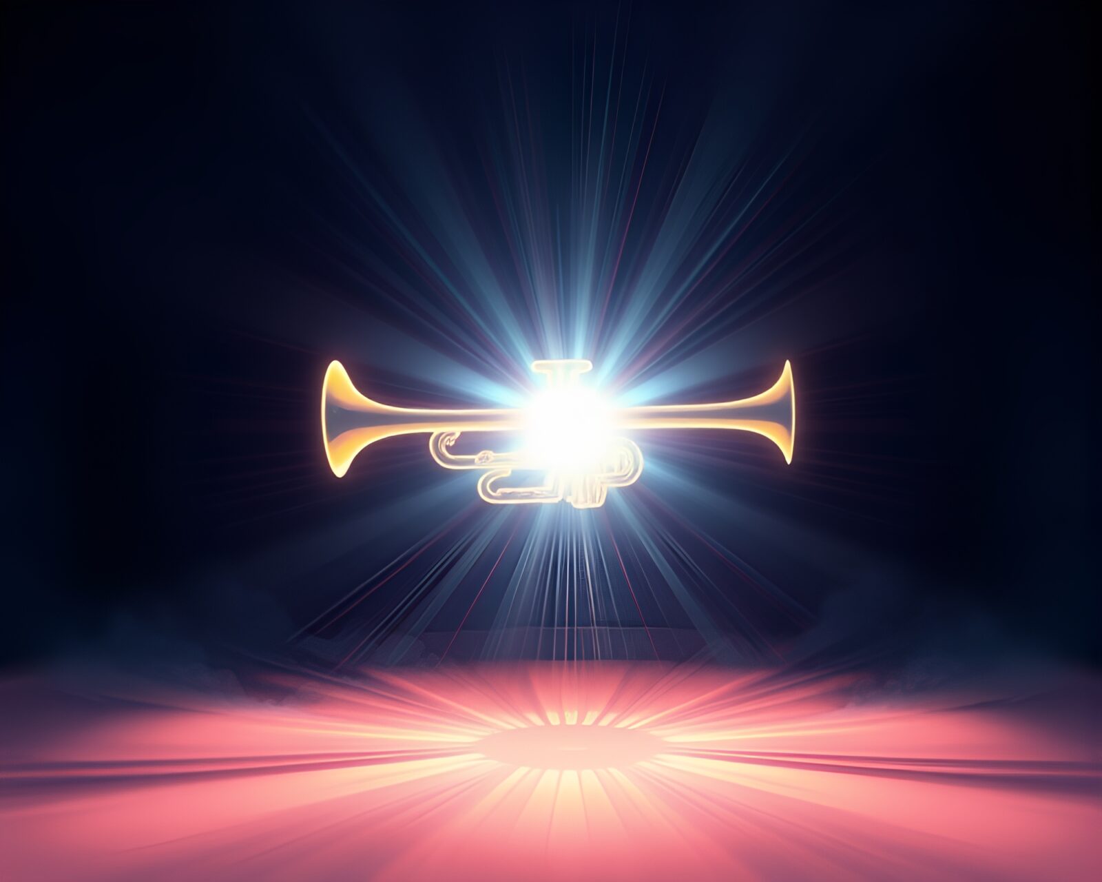Off-center trumpet emitting bright phosphorescent light illustration