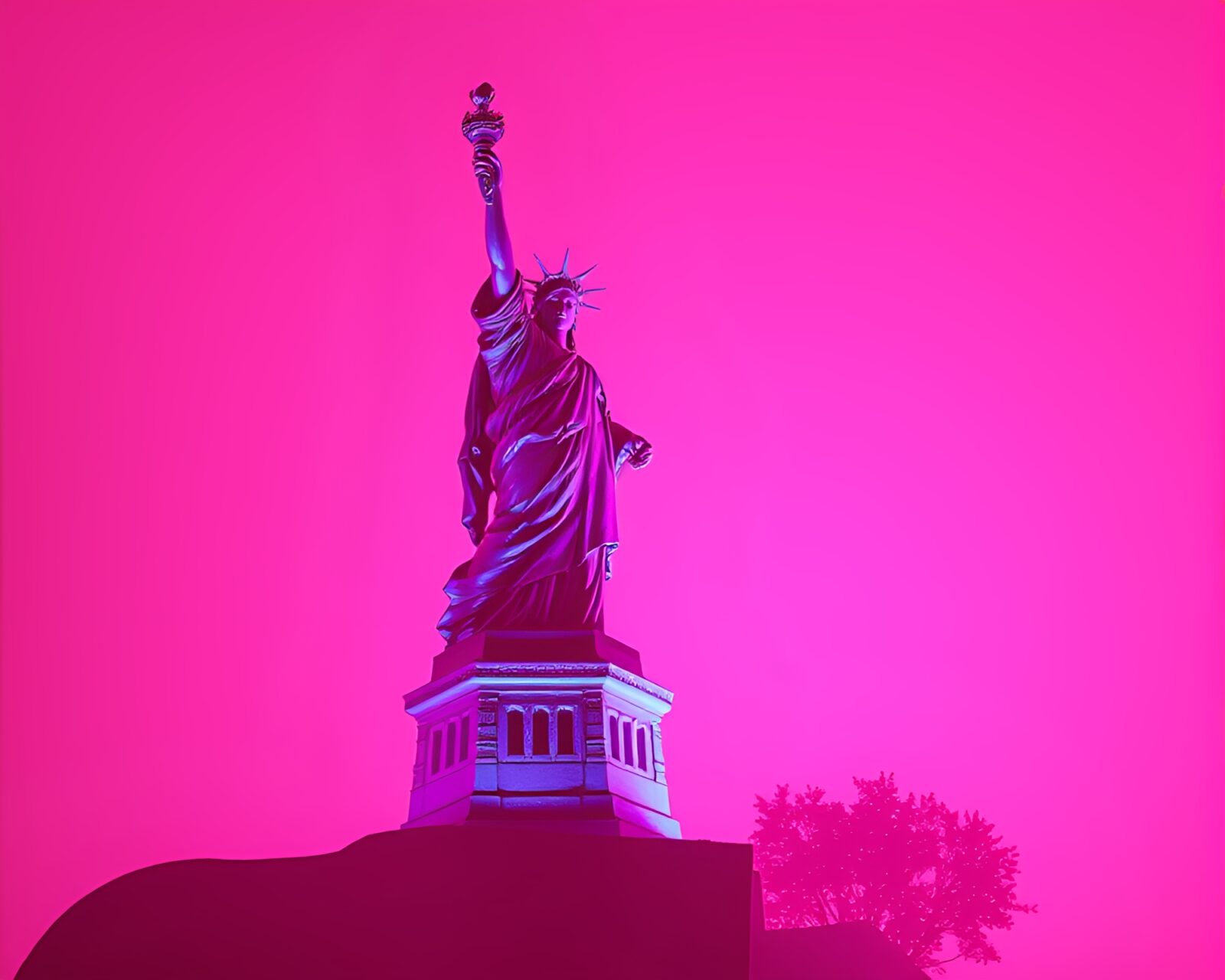 Majestic statue in surreal magenta-toned landscape with negative space