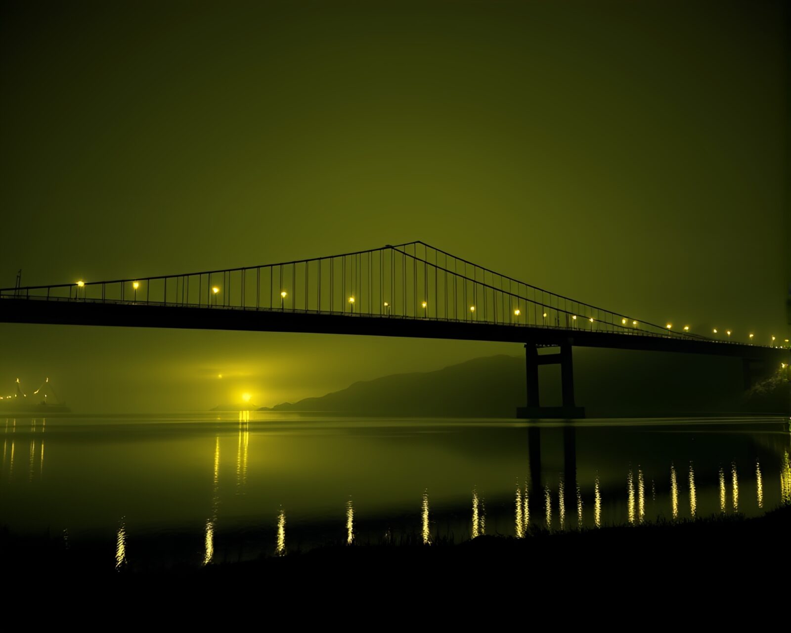Olive drab tone scene of suspension bridge with thermal imaging