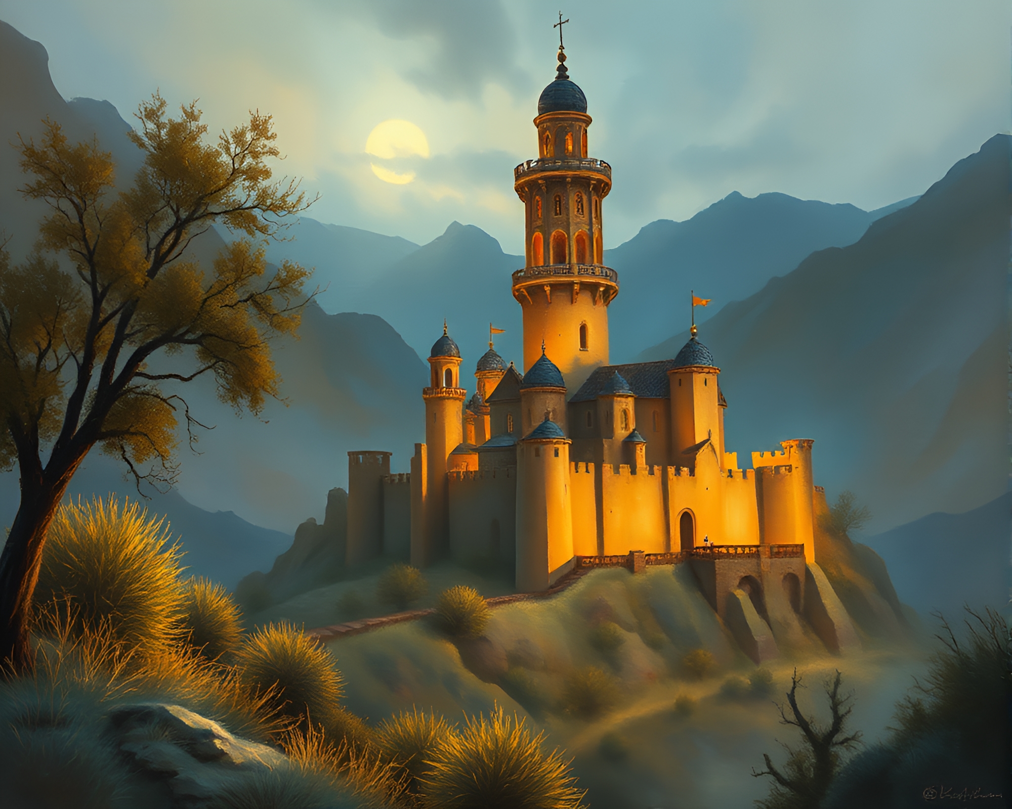 Ethereal Castle Ruins Illuminated by Candlelight – free AI stock image
