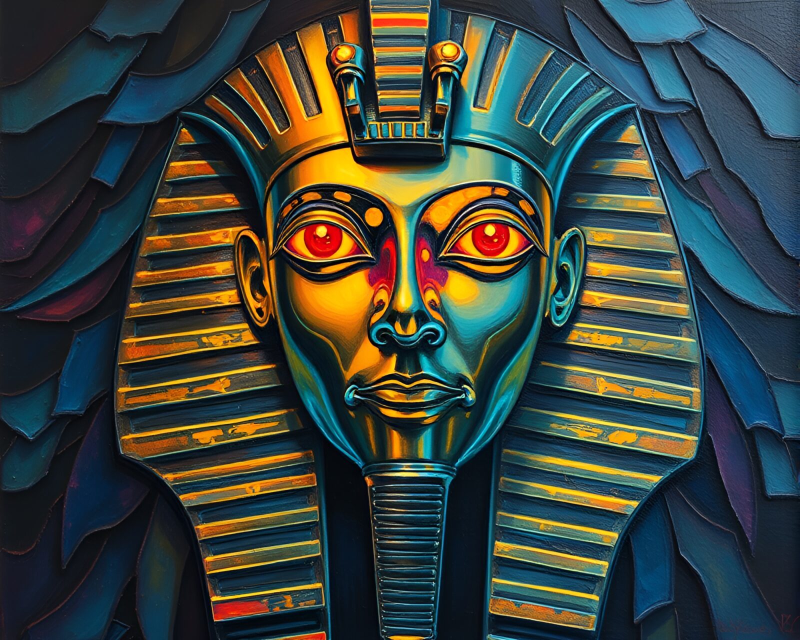 Colorful oil impasto ridges frame glowing Pharaoh's mask