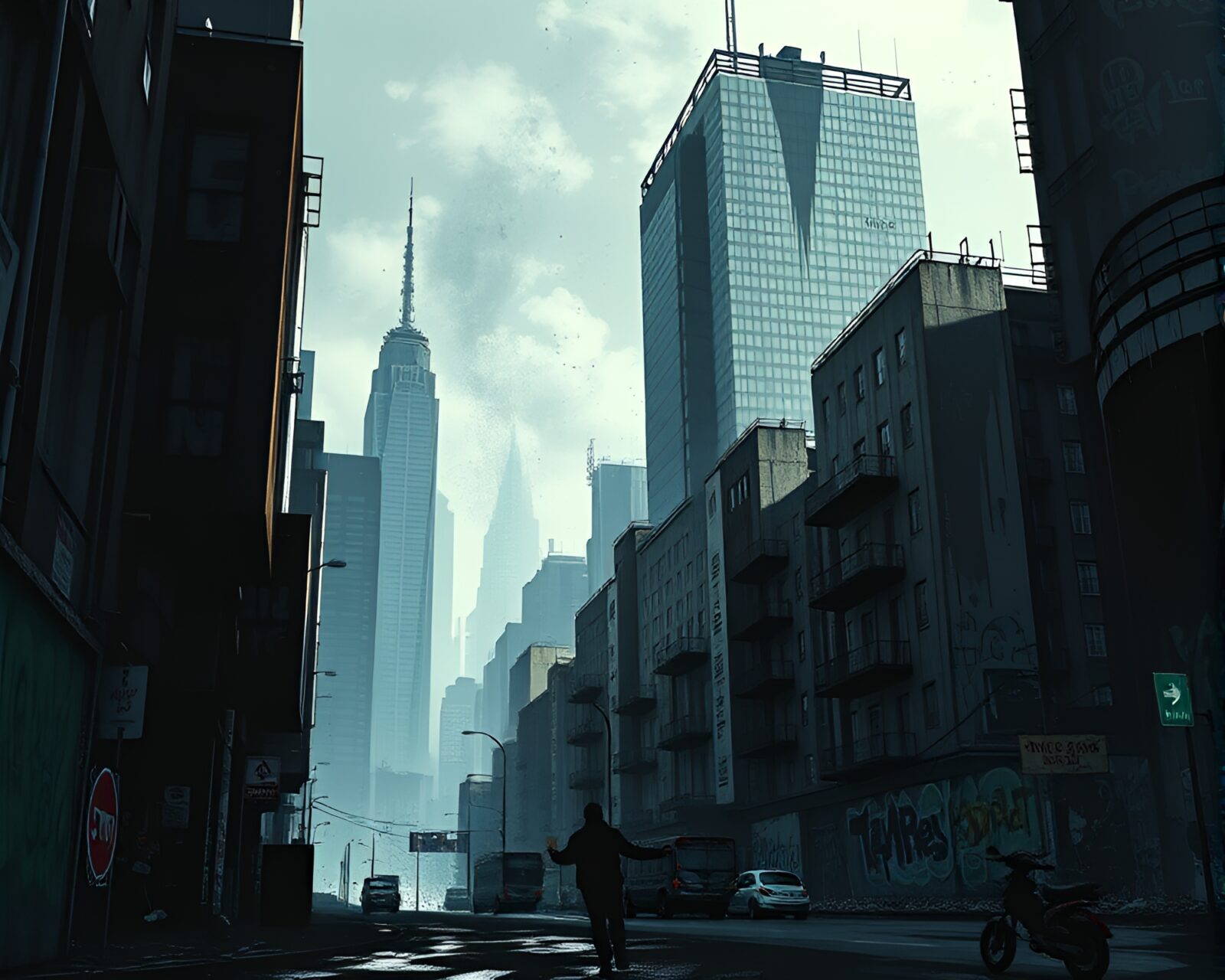 Dark virtual cityscape with neon graffiti drips, shadow contrasts