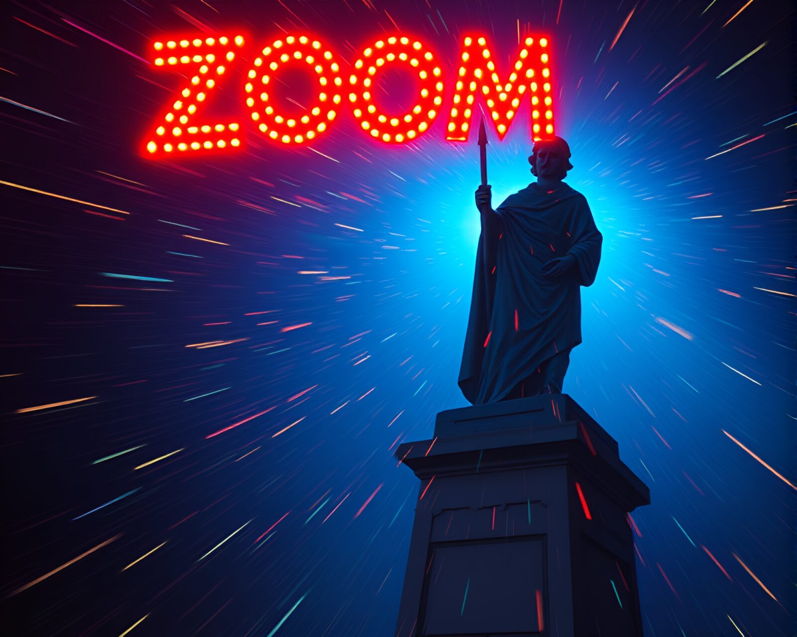 Zoom burst effect on 80s style statue glowing indigo