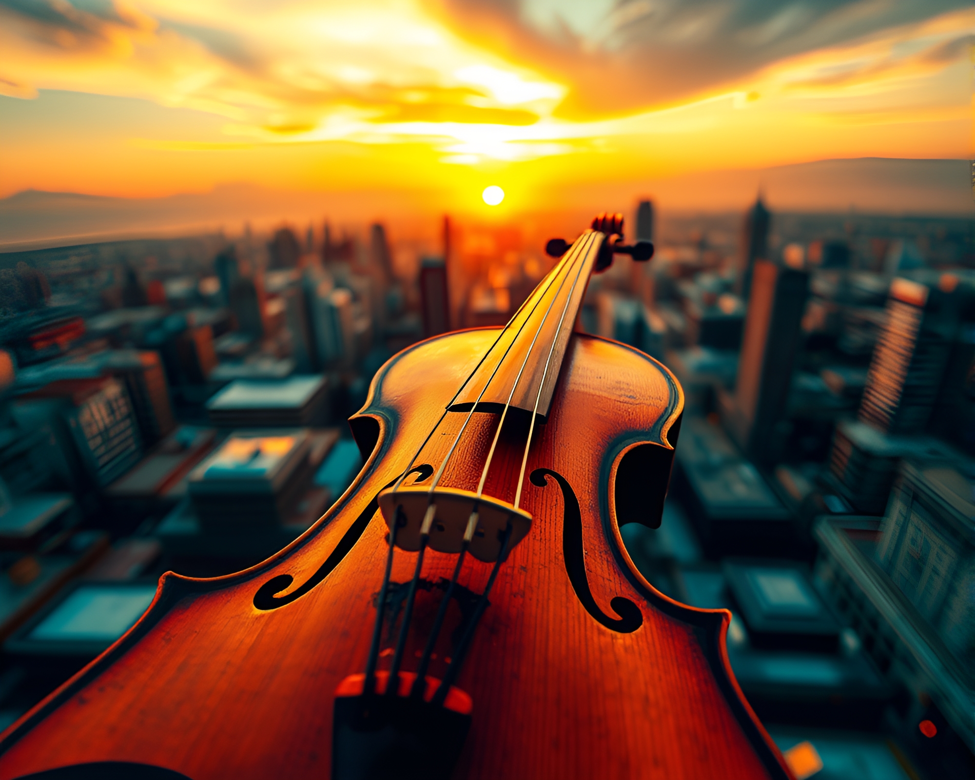 Wide-Angle Skyline Sunset with Wooden Violin Splatter Art – free AI stock image