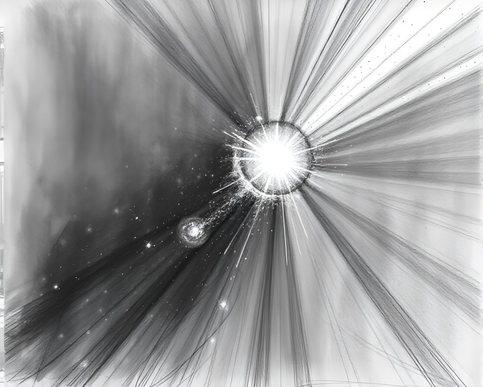Charcoal sketch of a majestic wormhole glowing with sun rays and dust particles