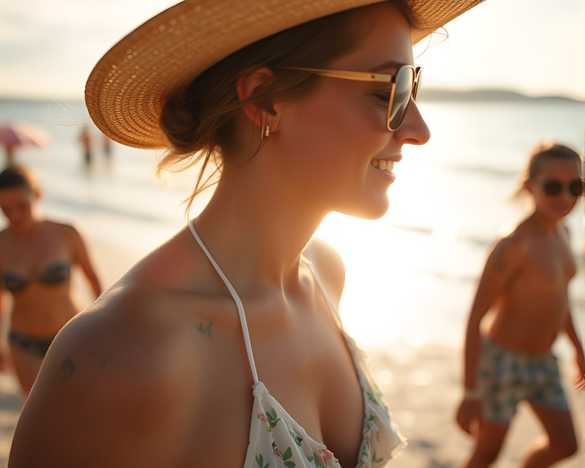 Sunset Kiss: Candid Beach Reflections – free AI stock image