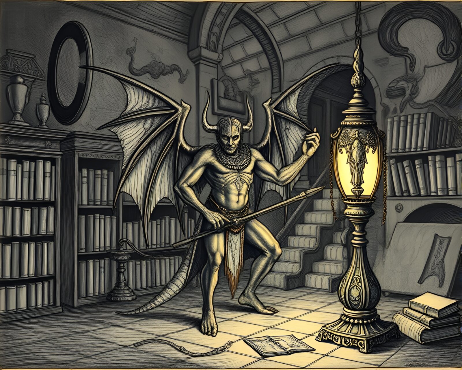 Magical Djinn creature reading in vintage lamp-lit library.