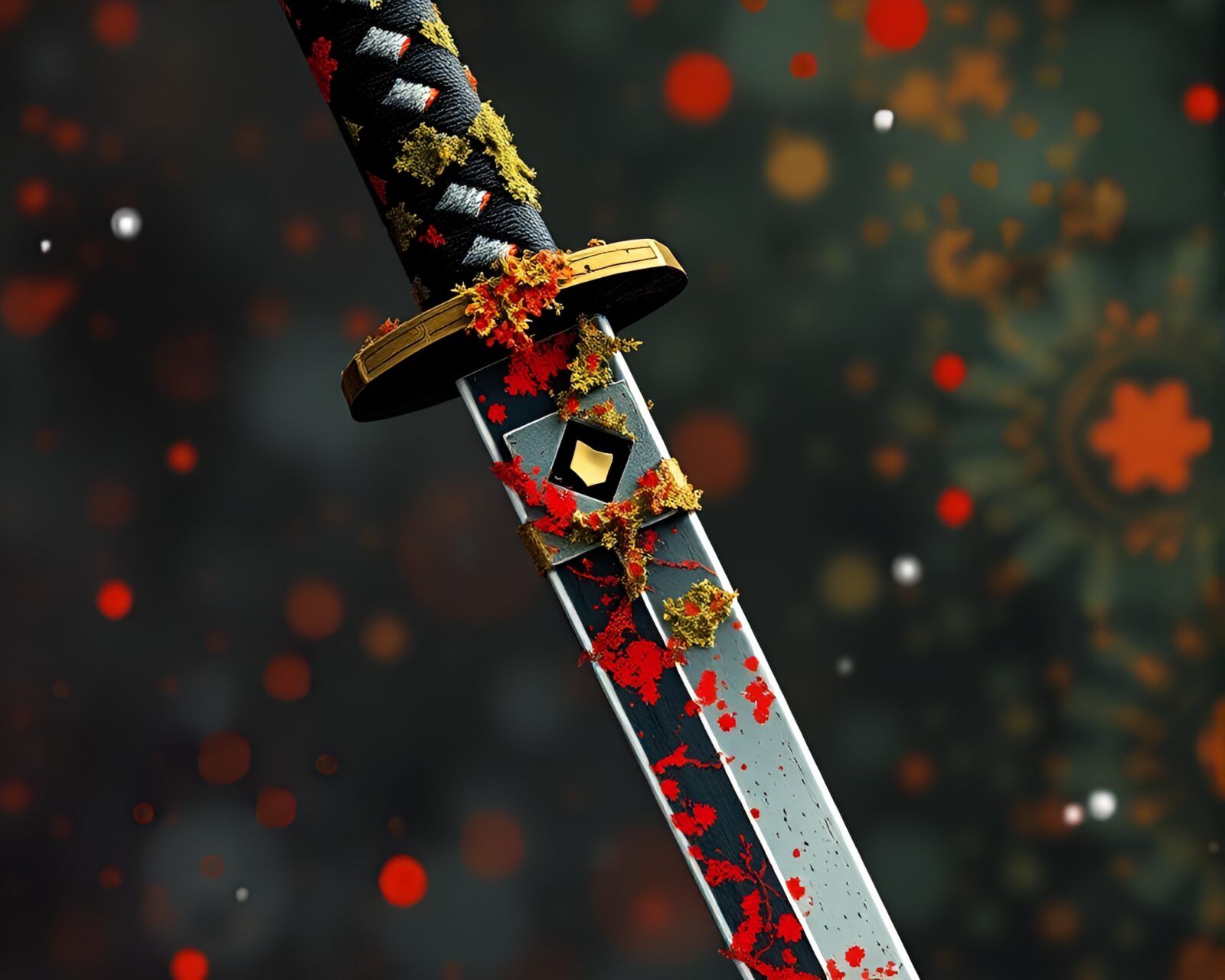Samurai sword covered in lichen in anime style art