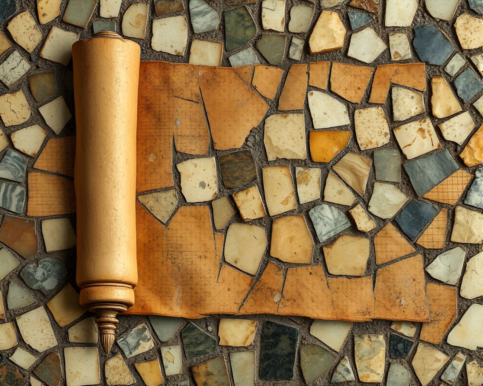 Intricate oil-rich crosshatch mosaic featuring ancient scroll details