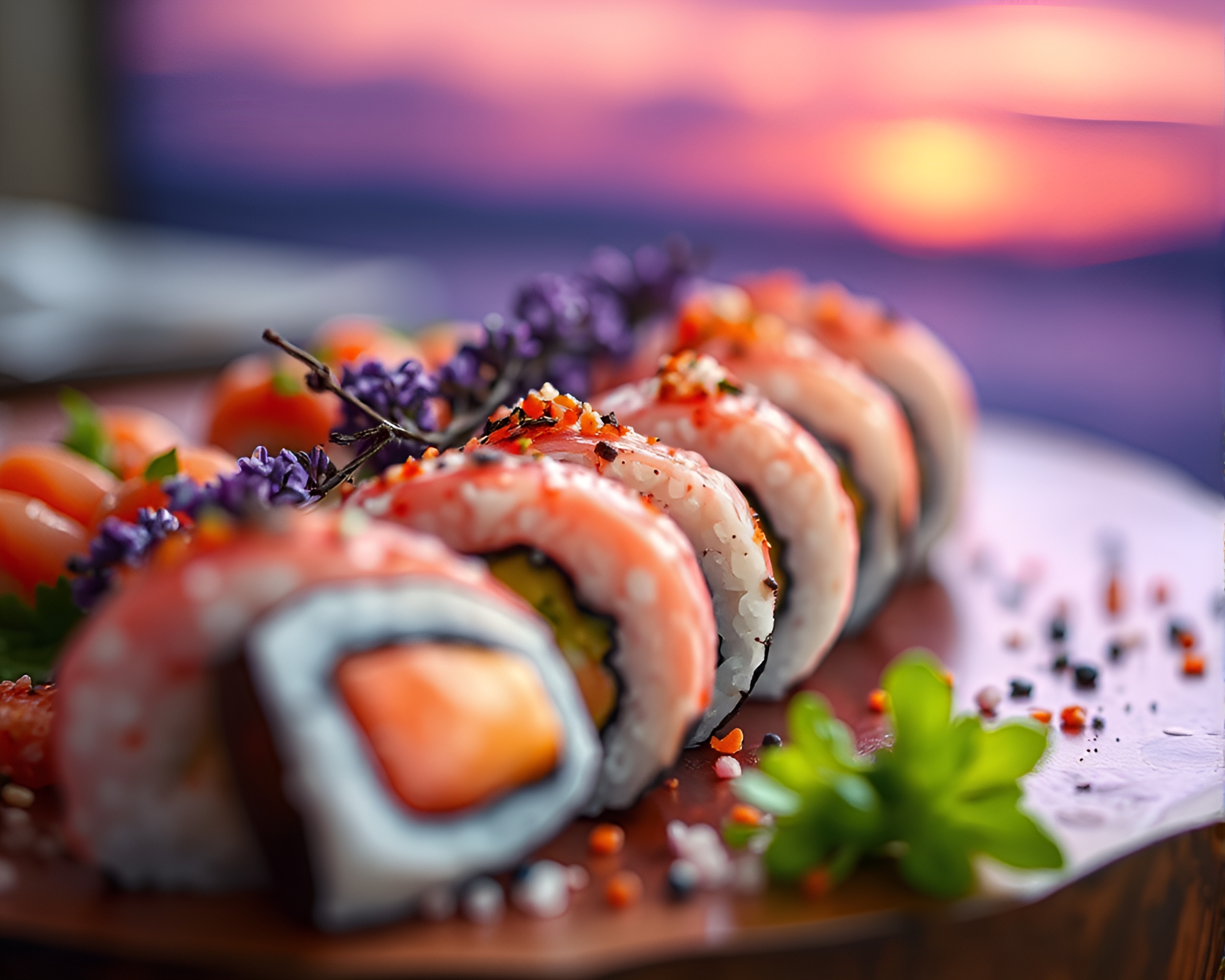Sushi Splatter Art in Lavender Twilight Close-up – free AI stock image