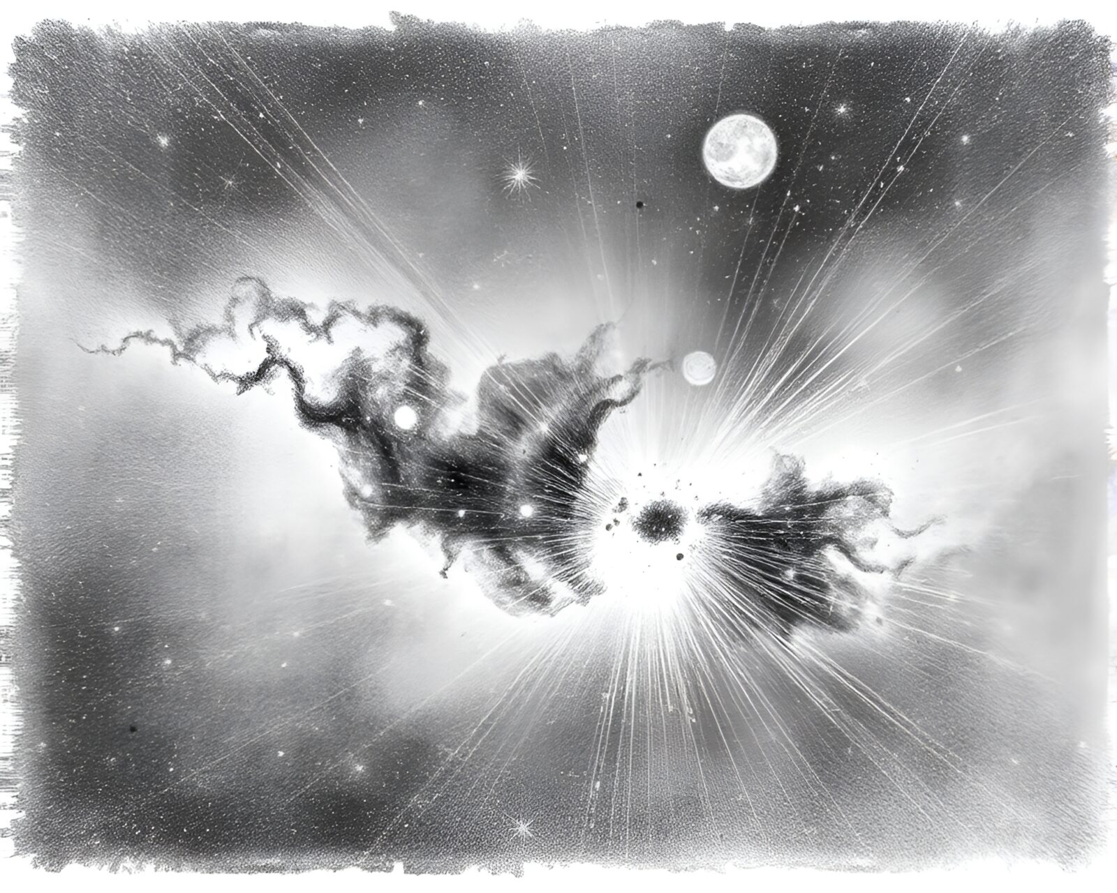 Pencil sketch of sparklers creating celestial nebula backdrop