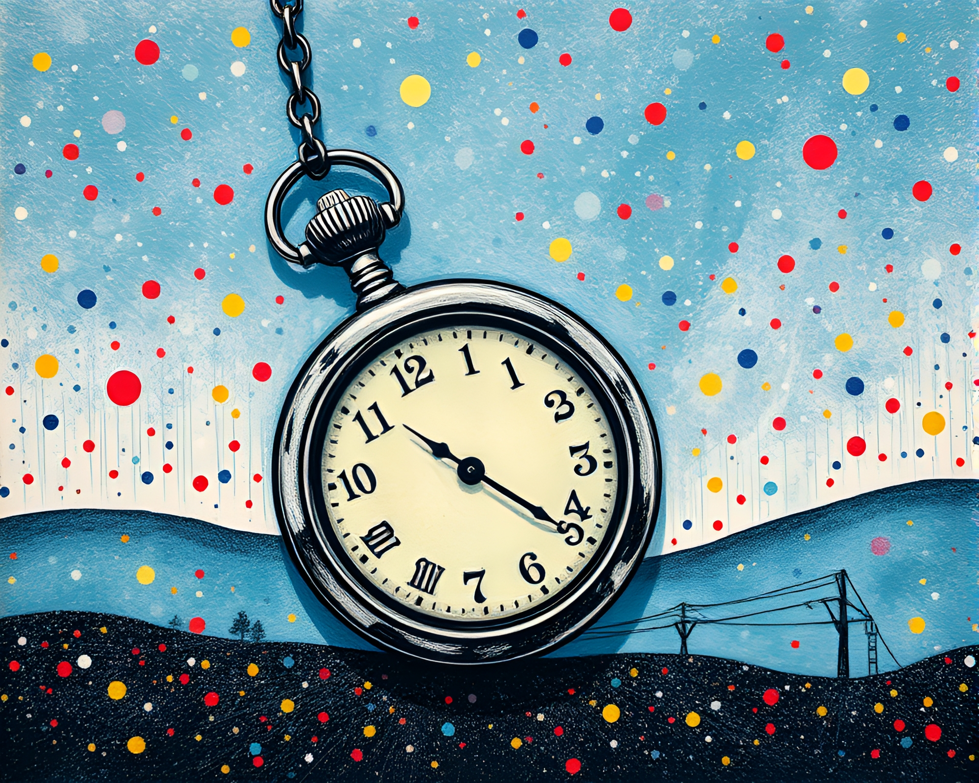 Vibrant Pointillist Landscape: Pocket Watch Confetti Explosion – free AI stock image