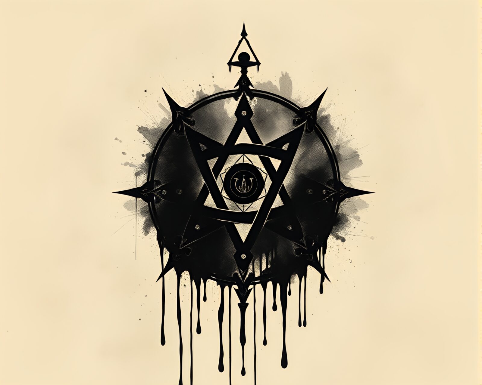 Dark sepia tone image with mystical symbols in ink