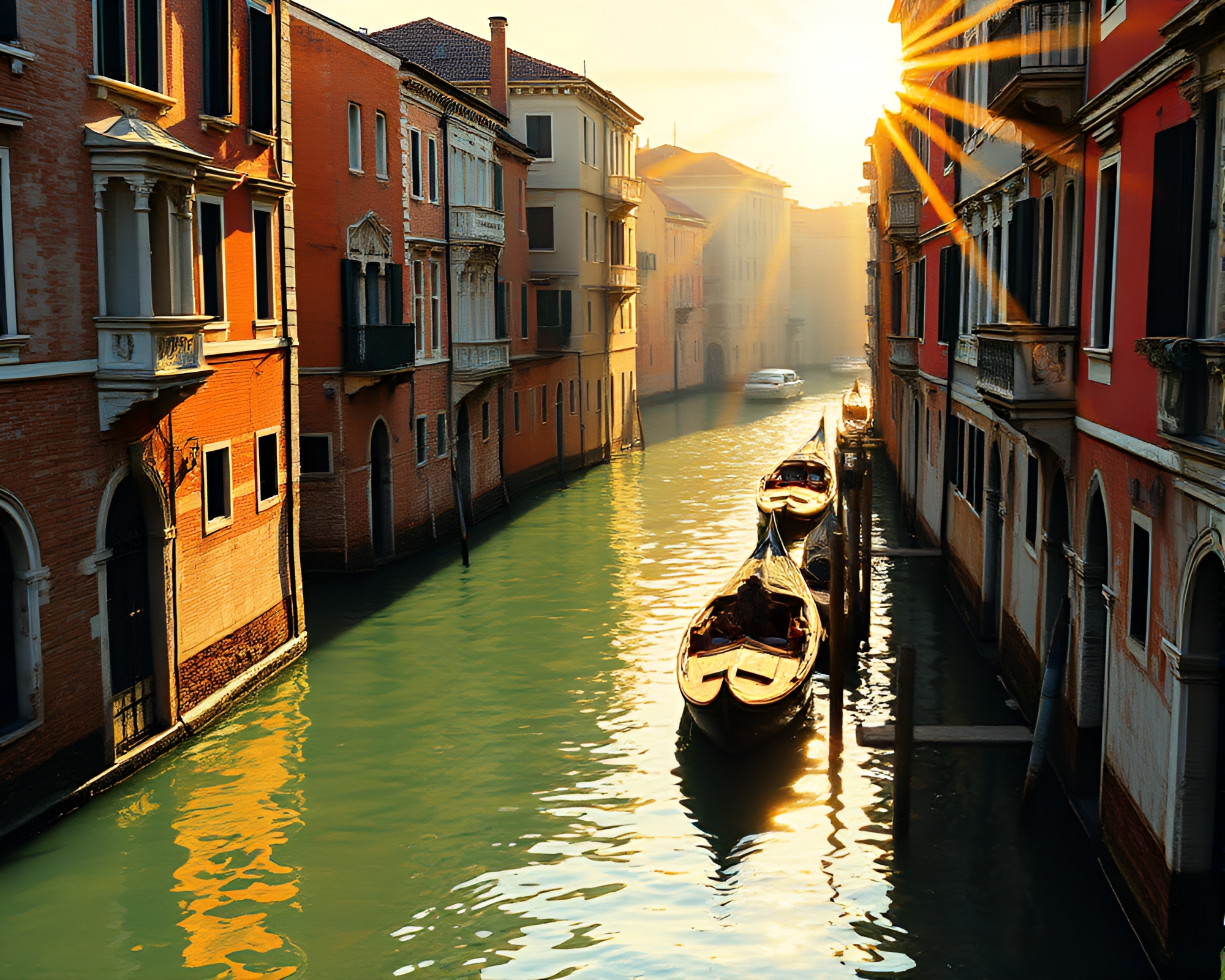 Venetian Canal with Solar Flare Glow in Encaustic Style – free AI stock image