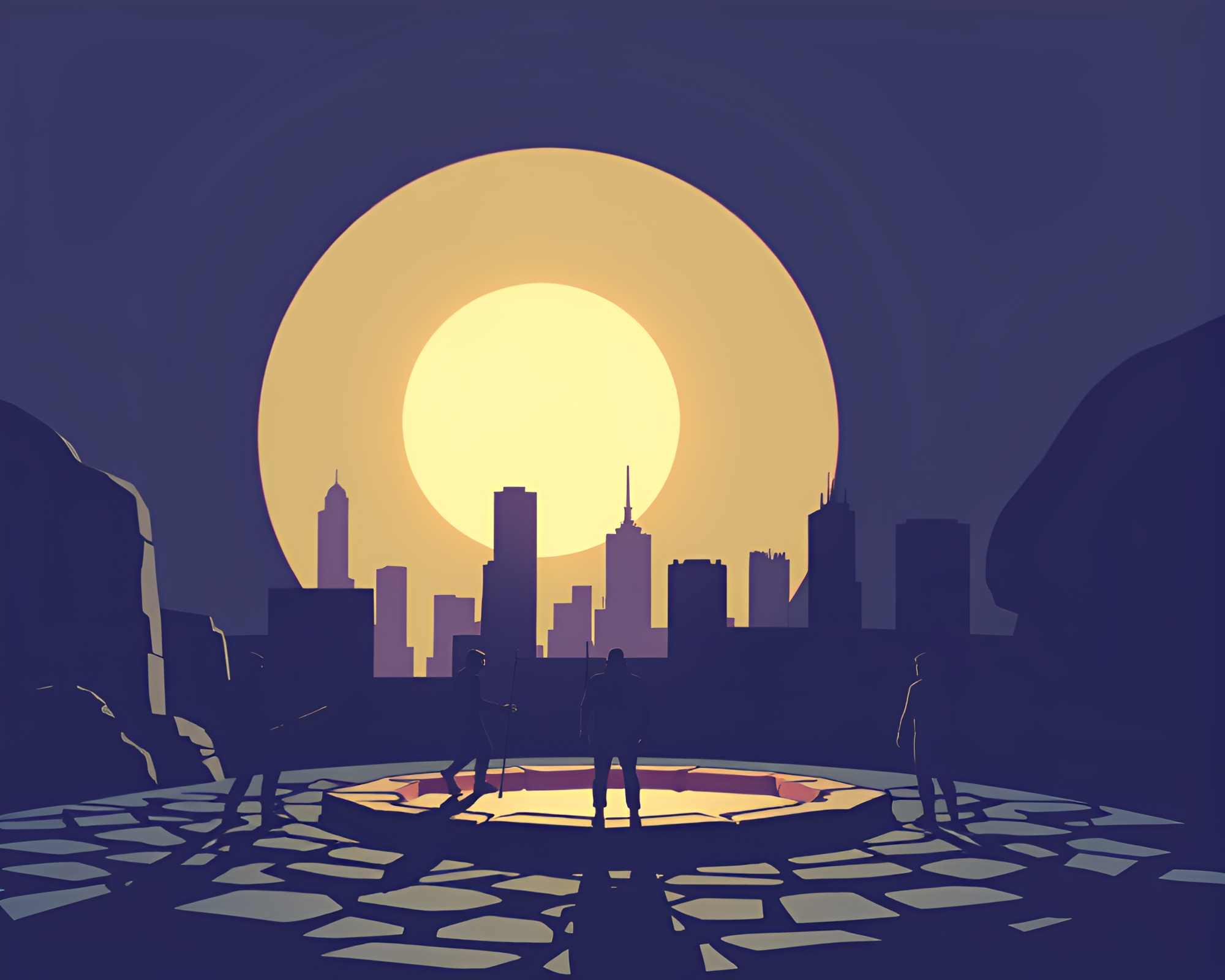 Neon Stone Circle Shadow Play Art – free AI stock image