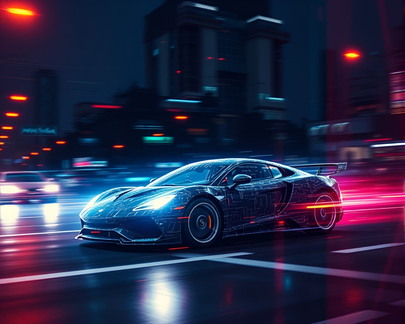Flying car in geometric grid overlay with low-key lighting